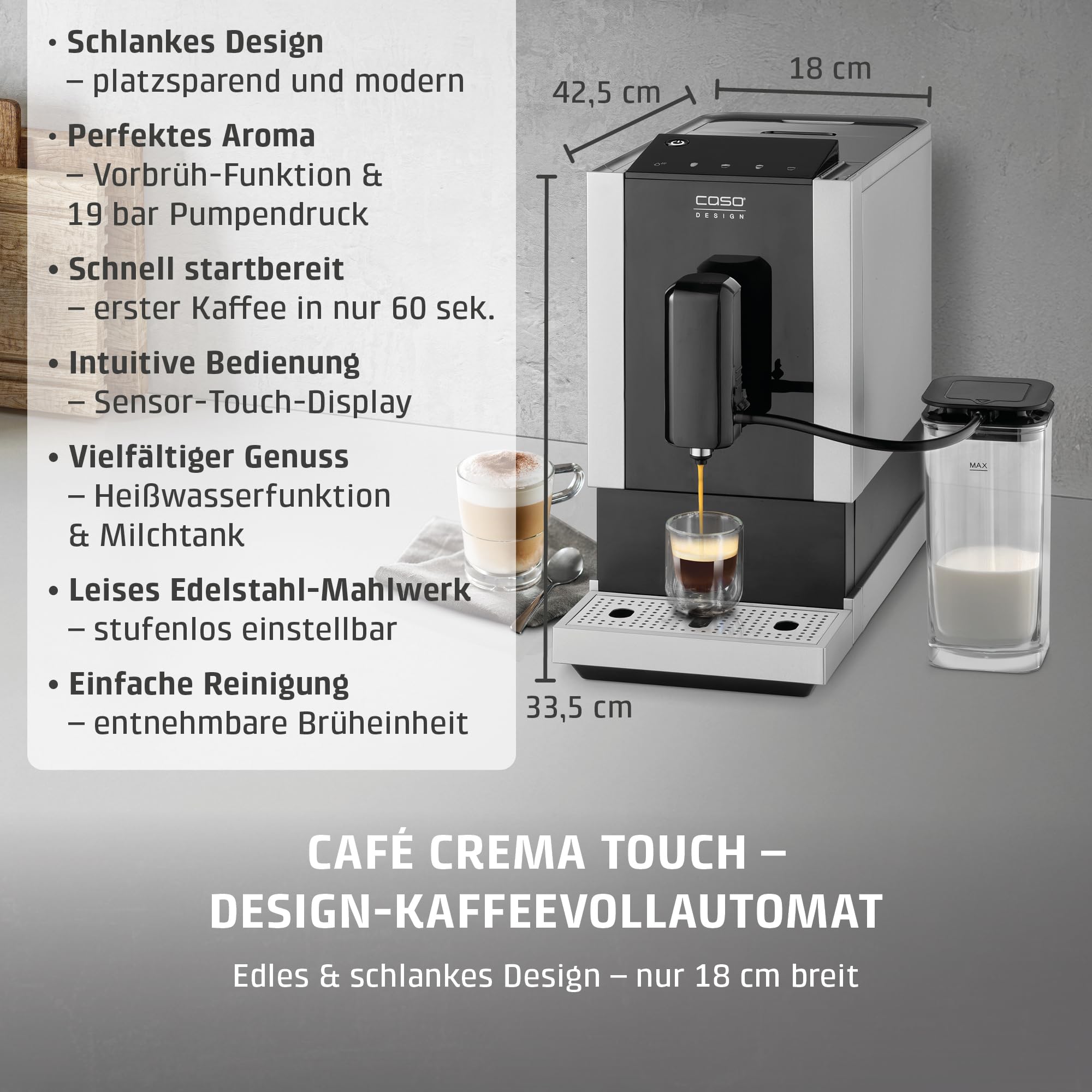 Caso Café Crema Touch, Kaffeevollautomat, inkl. Schlauch und Milchtank