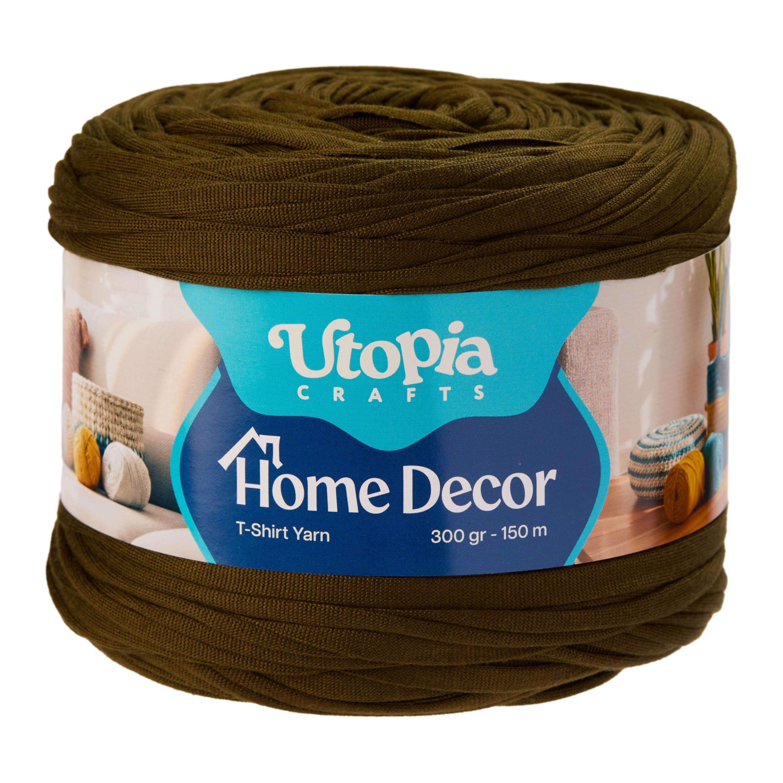 Utopia Crafts T-Shirt Yarn for Crocheting Bags & Baskets - Chunky Yarn for Crochet, Tshirt Tube Ribbon, 300g 150m, 5-7mm Jersey Cord (Olive Green)