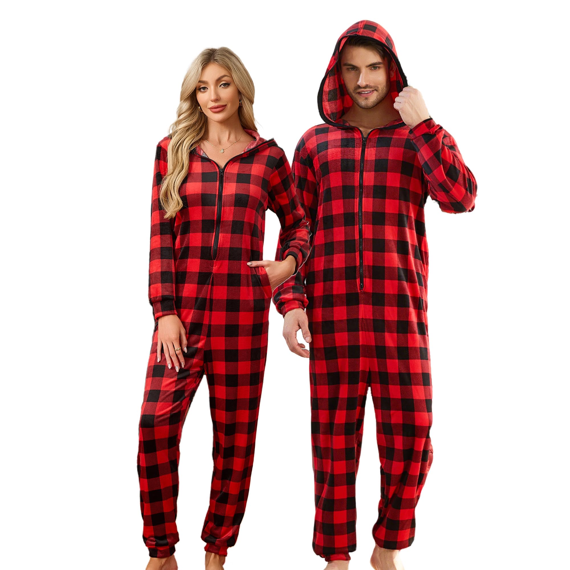 U2SKIIN Pijamas a juego para parejas, conjunto de pijamas ultrasuaves con capucha a cuadros, cierre de cremallera para hombres y mujeres, overol cálido