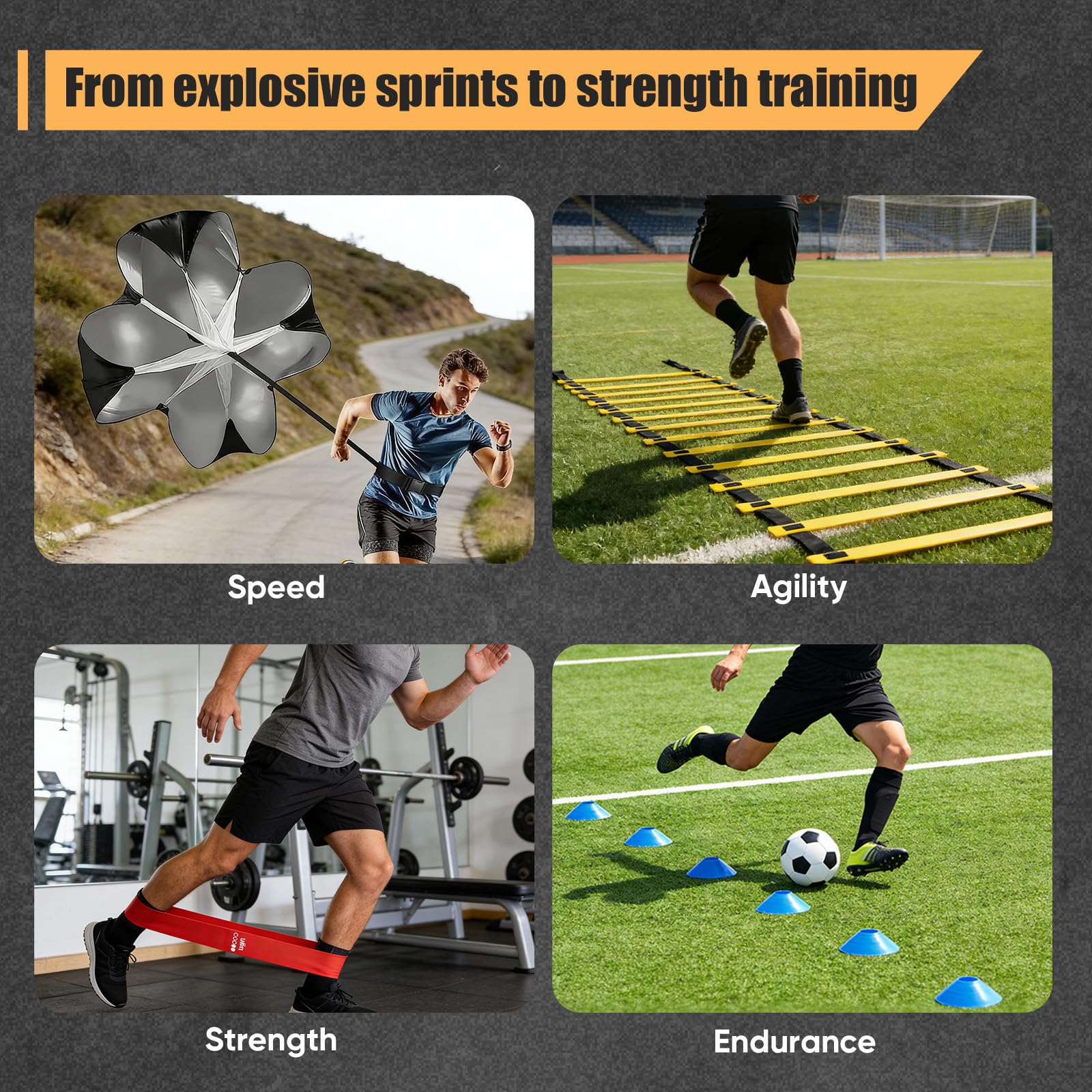 Kit Allenamento Calcio Completo, Scala Agilità 6m (12 Gradini), 10 Coni Allenamento, Tappeto Calcio, Paracadute Resistenza, Bande Elastiche e Picchetti, Accessori Calcio Bambino