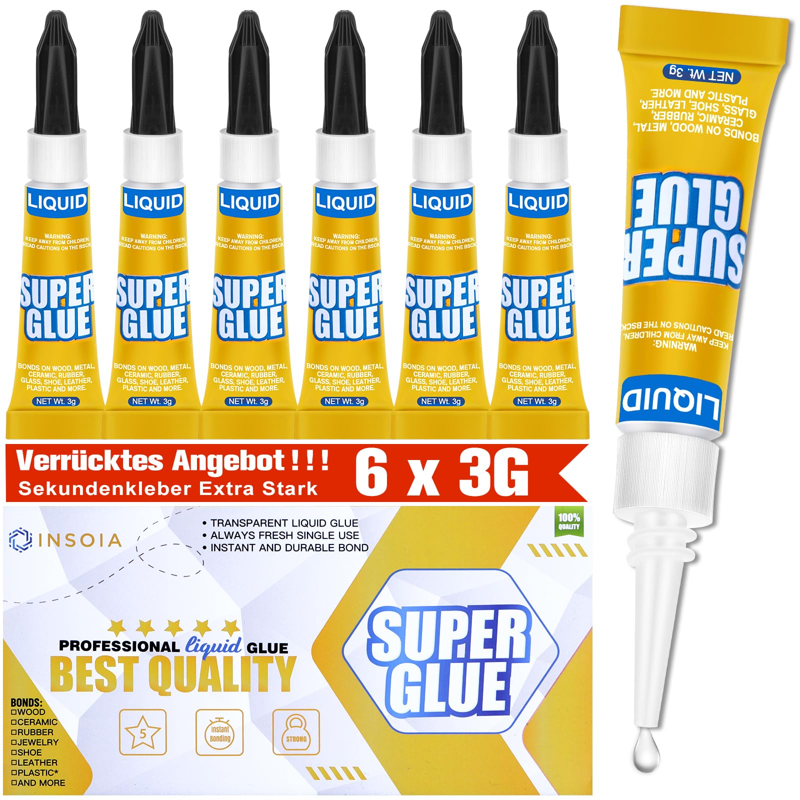 Sekundenkleber Flüssig (6er-Pack x 3g) – extra stark & wasserfest Superkleber für schnelle, flexible Sofortreparaturen, transparent kontakt Kleber für Kunststoff, Holz, Porzellan, Glas uvm.