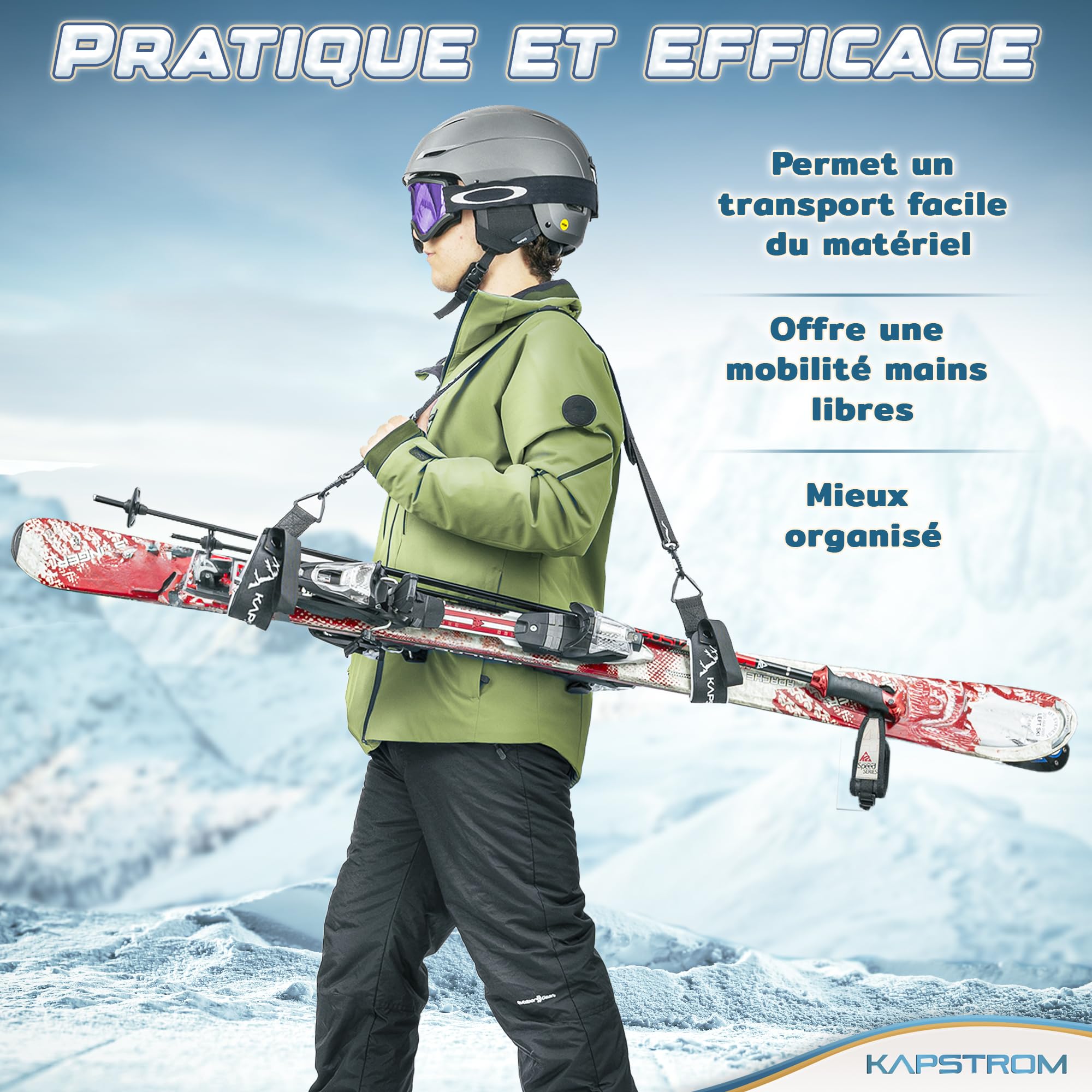 Sangles de Ski et Porte-bâtons – Noir – Durable avec Longueur de Sangle réglable et bandoulière rembourrée
