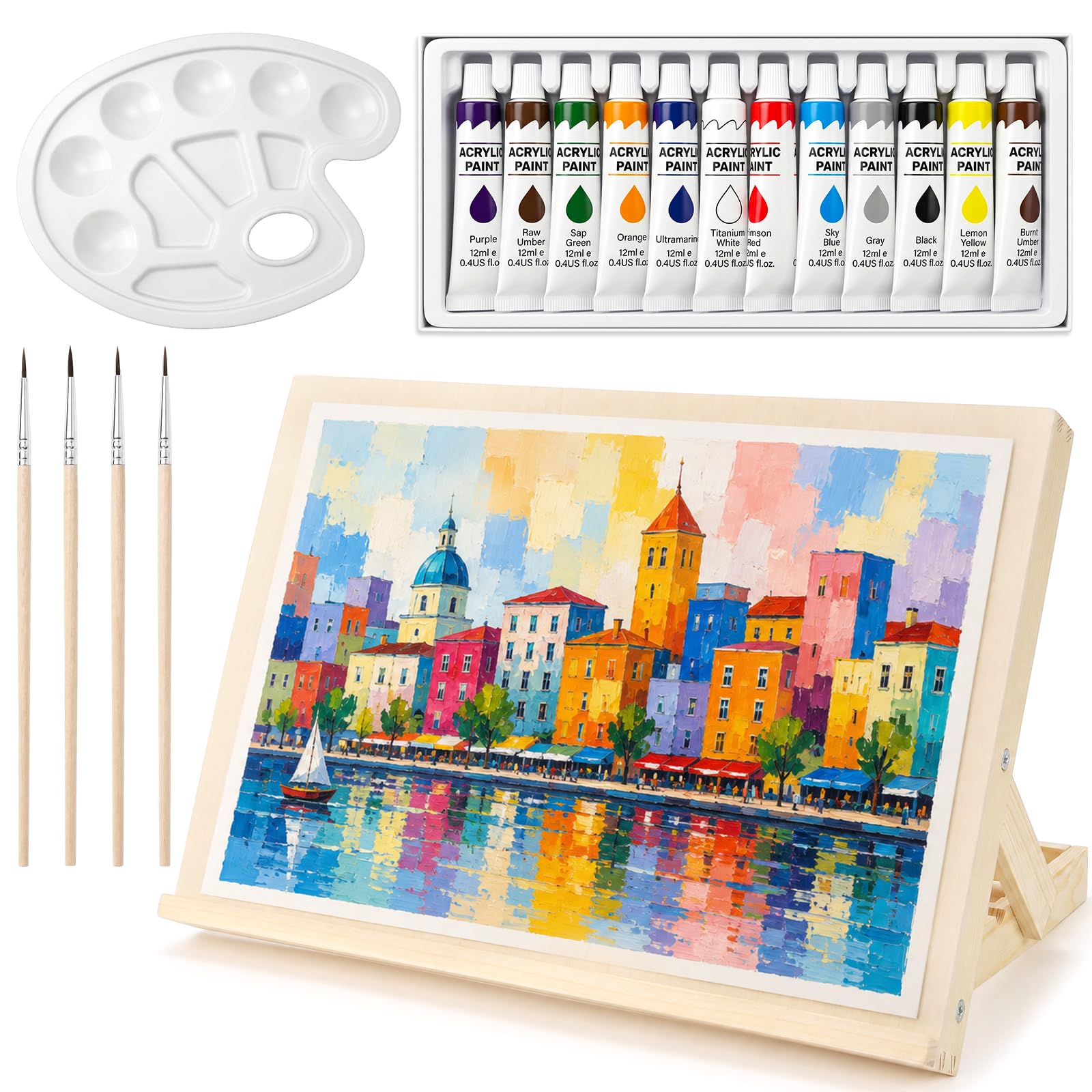 Table Top Easel Artist Painting Set, Portable Drawing Board with 12 Acrylic Oil Paint Colours, 4 Brush, 1 Palette, Adjustable Art Easel Stand for Drawing Painting Sketching Boards