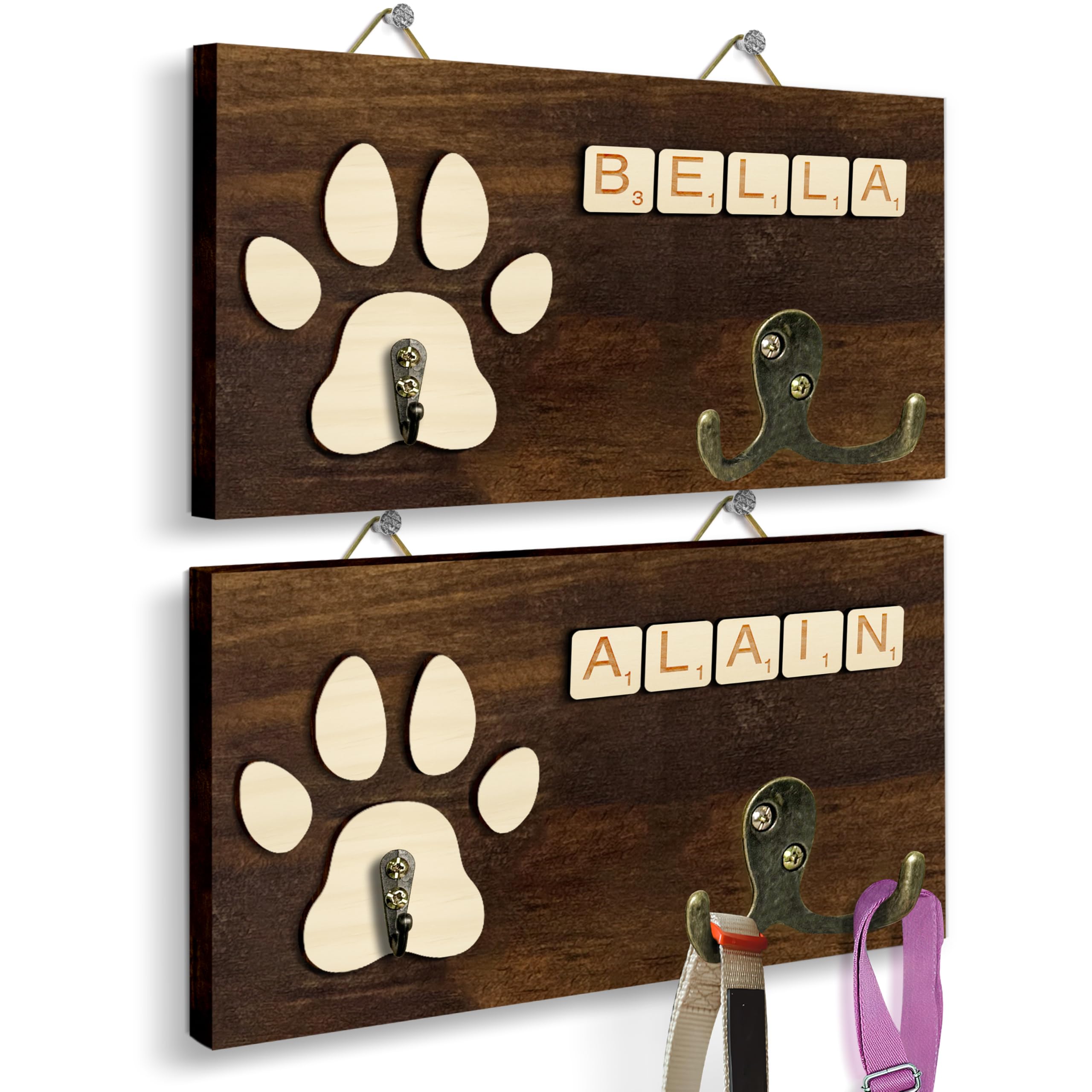 2 Pack Dog Leash Holder Wall Mount, Pet Harness Hanger with Scrabble Letters, Dog Collar Organizer for Entryway, Cat Leash Holder for Wall, Pet Loss Gifts, Keepsake, Home Decor PF218-CBW