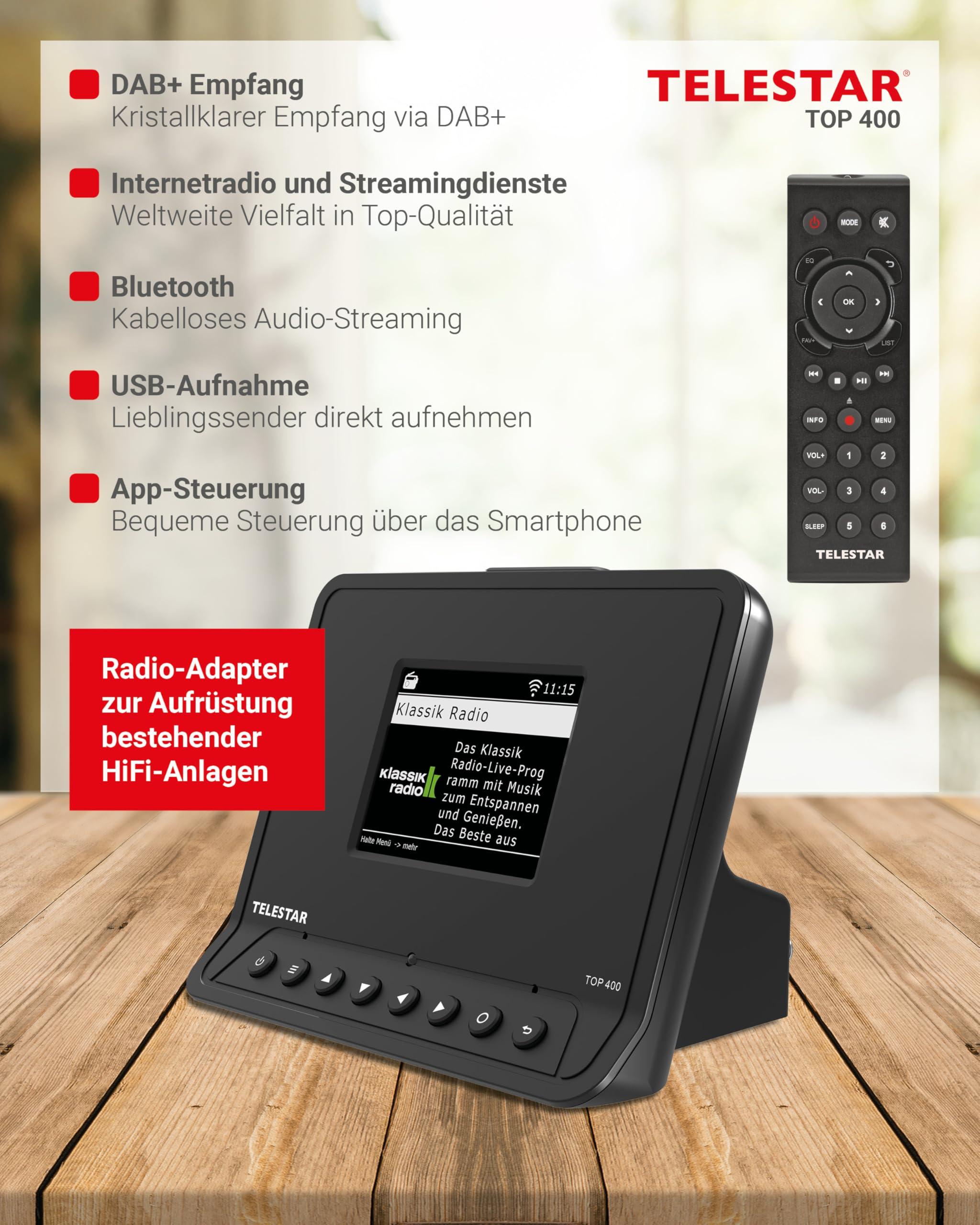 TELESTAR TOP 400 – HiFi-Adapter zur Aufrüstung von HiFi-Anlagen – Schwarz | Internetradio, DAB+, Streamingdienste, Bluetooth Audio-Streaming & Sendefunktion, USB-Aufnahme, Hotelmodus, Nachtmodus