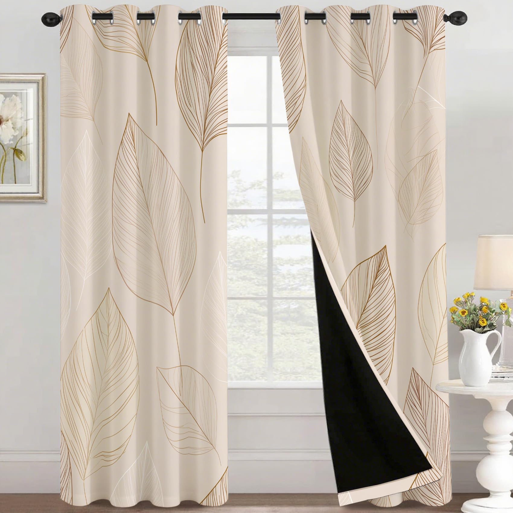 Générique Rideau Occultant Feuille, 117 x 137 (LxH) 2 Pieces, Opaque 95%, Motif Feuilles Plante Beige, Rideaux Fenetre Thermiques à Oeillets, Decoration Maison Salon Chambre GCB166