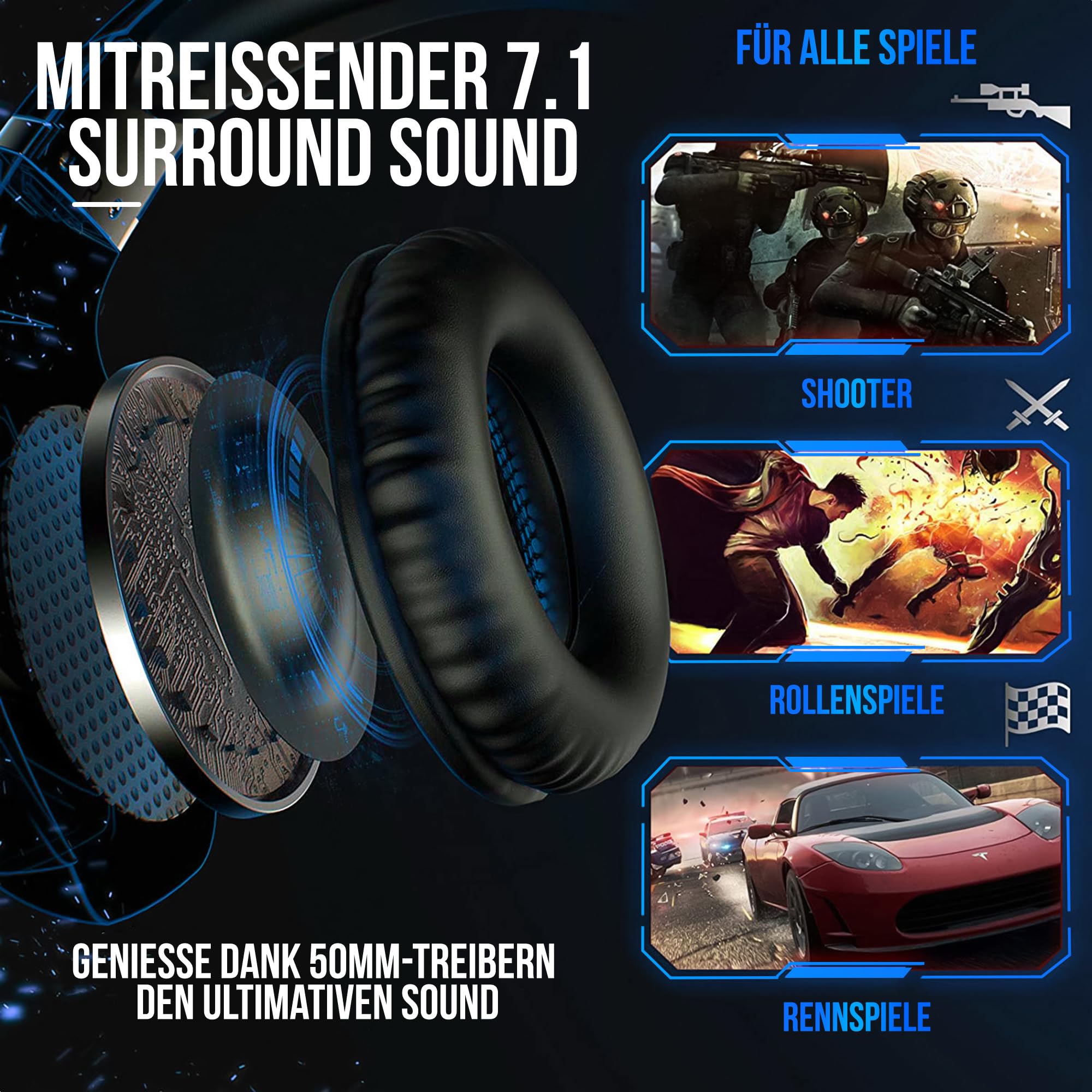 Strex Gaming-Headset mit Mikrofon Blau – Kompatibel mit PC | PS4 | PS5 | Xbox One | Xbox Series