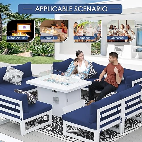 Miniatura 463 de NICESOUL 7 Piece White Powder-Coated Aluminum Patio Furniture with Fire Pit Table, 29 Inch Extra Wide Outdoor Sectional Sofa for 6, High-End Heavy