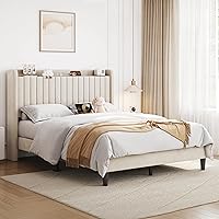 Vista 11 de Yaheetech Base de cama tamaño Queen con estación de carga USB y estante de almacenamiento/plataforma de cabecera tapizada con lado de ala/soporte