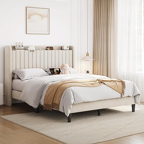 Miniatura 11 de Yaheetech Base de cama tamaño Queen con estación de carga USB y estante de almacenamiento/plataforma de cabecera tapizada con lado de ala/soporte de