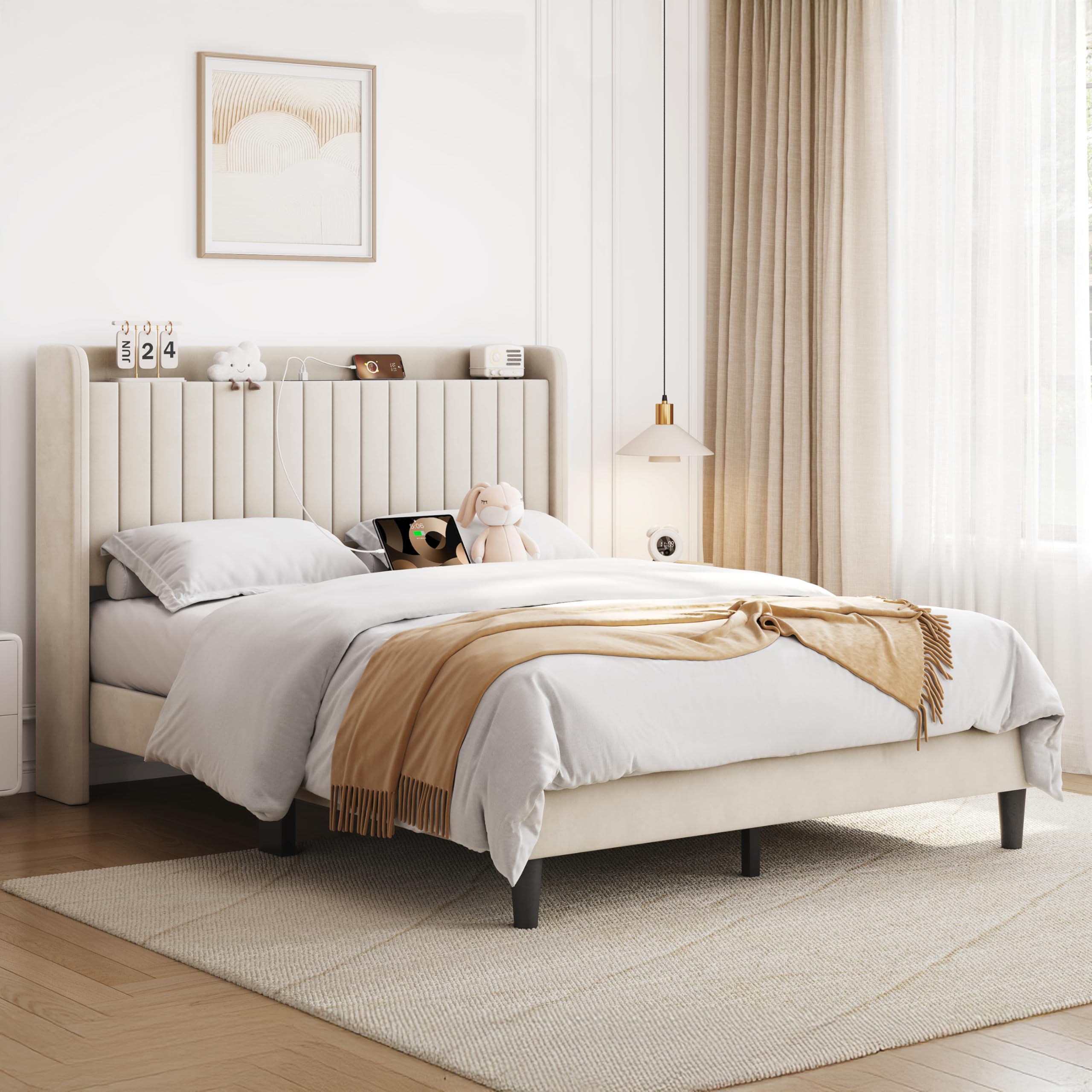 yaheetech queen bed frame with usb charging station and storage shelf/upholstered headboard platform bed with wing side/wooden slats support/noise free/no box spring needed/easy assembly, cool beige
