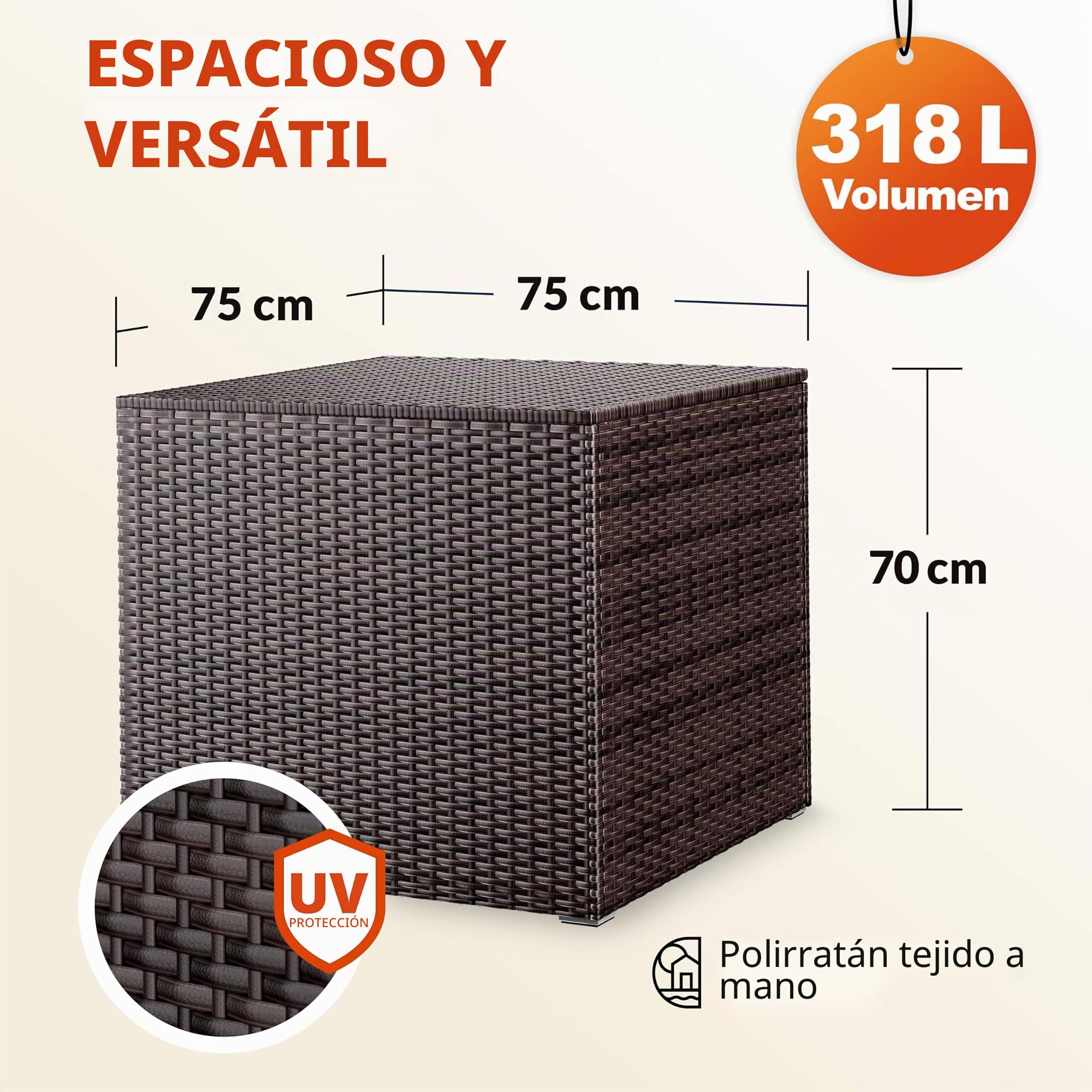 CASARIA® Baúl Almacenamiento 318L XXL Poliratán Acero 75x75x70cm Almacenaje Exterior Cojines Herramientas Resistente Intemperie Patio Terraza Marrón