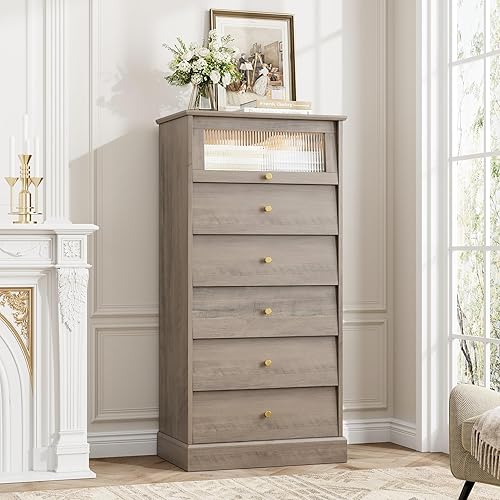 Miniatura 5 de FINETONES Cómoda de 6 cajones, cómoda de 48.7 pulgadas de alto, cómoda dorada con cajón de cristal, cómoda dorada moderna para oficina en casa, gris