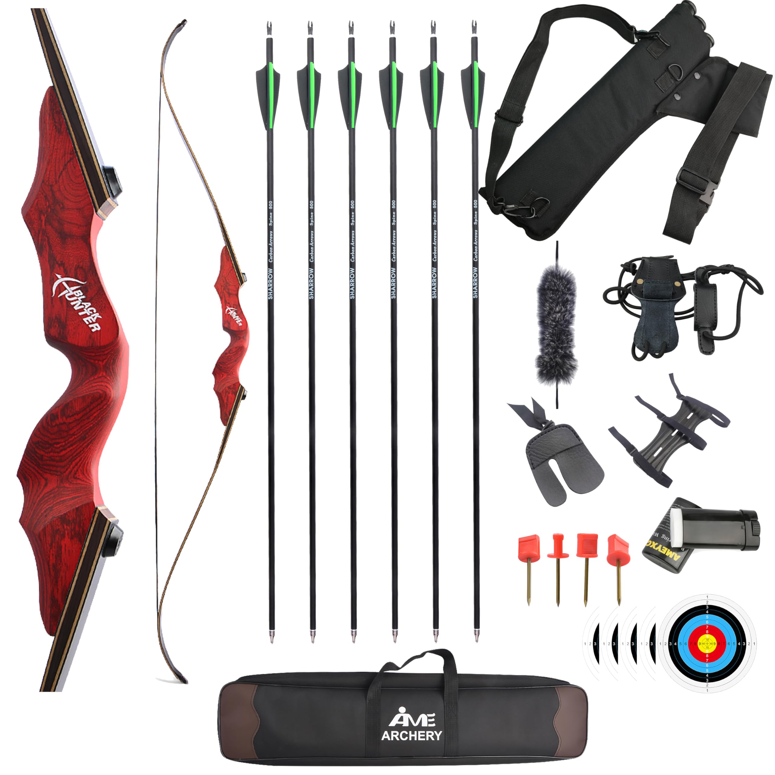 FQH 60'' Archery Recurve Bow Set Takedown American Hunting Long Bow 20-60 lbs for Adults and Beginners Hunter Target Arrow Practice Outdoor Hunting Shooting Training (Red, 50 LBS)