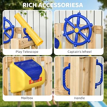 Outsunny Swing Set for Backyard Wooden Toddler Playset Ages 1.5-4 Natural | Outdoor Playset, Baby Swing Seat, Kids Slide, Fort, Captain's Wheel, Telescope, Playground Equipment