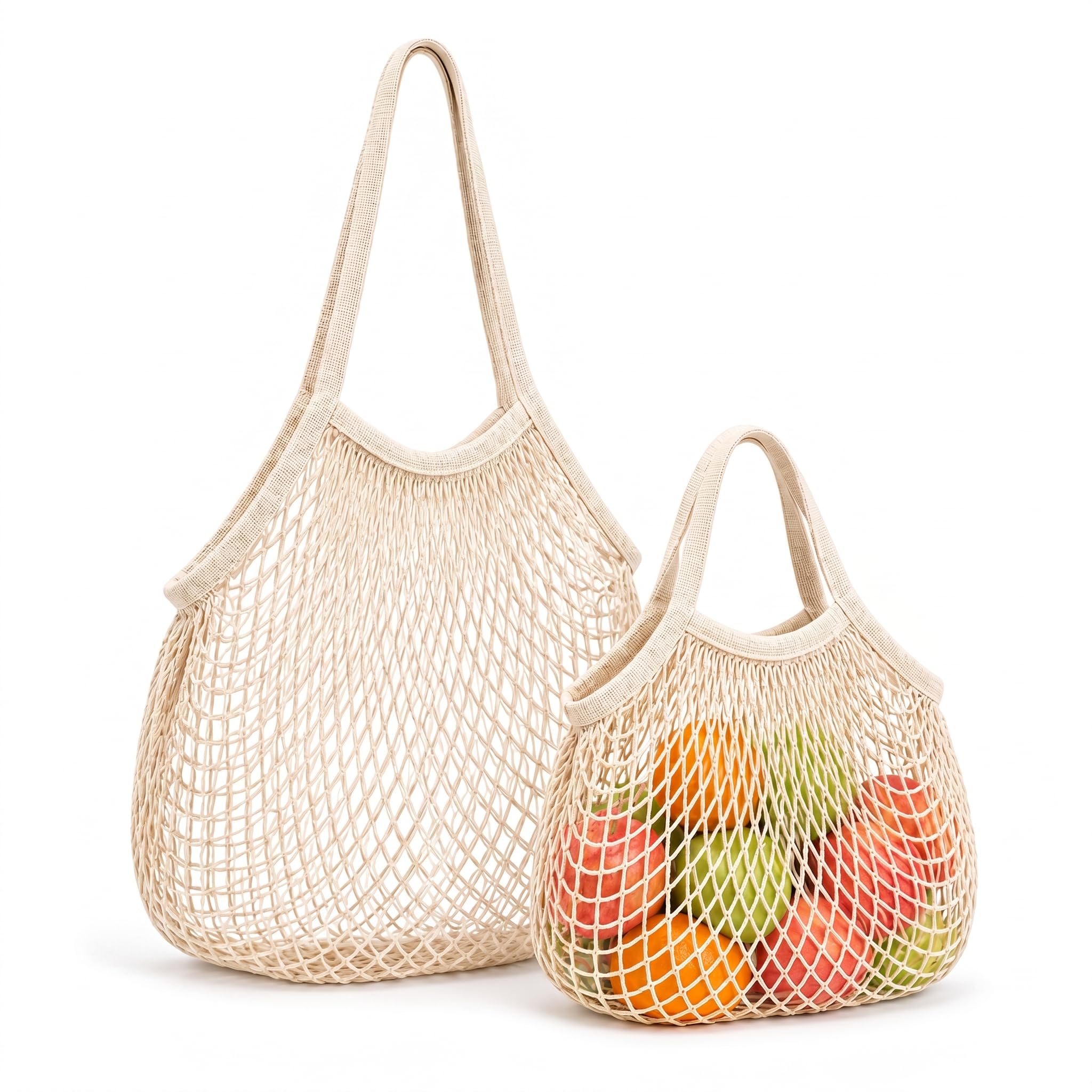 Sacs Filet Réutilisables Lot de 2, Grand Sac Anses Longues et Petit Sac Anses Courtes, Pliable pour Fruits Légumes Pain Plage
