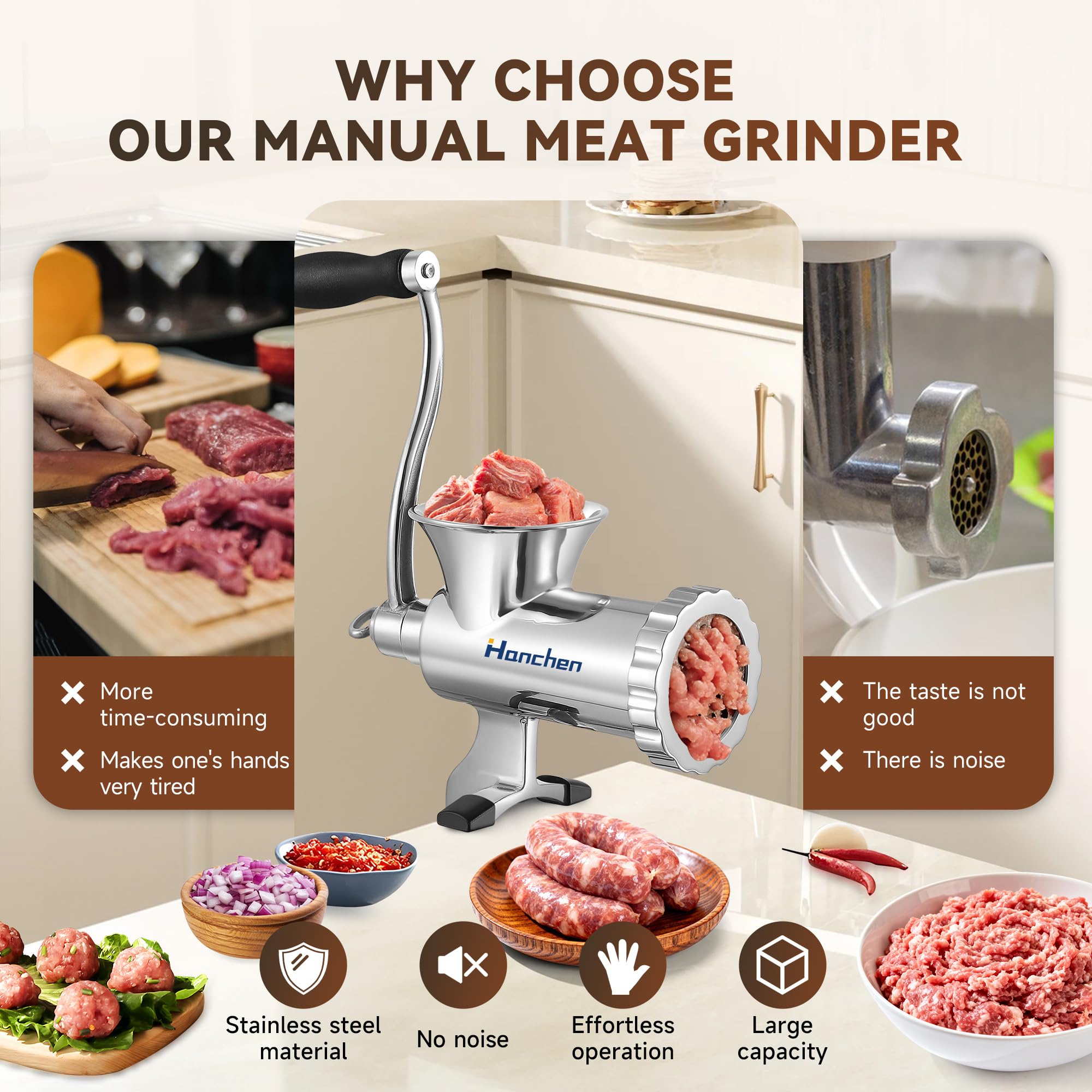 Hanchen Manuel Hachoir à Viande Acier Inoxydable Multifonction Domestique Lavement Garnissage Saucisse avec assiette 4,5 mm/8 mm, pour porc poulet poisson légumes