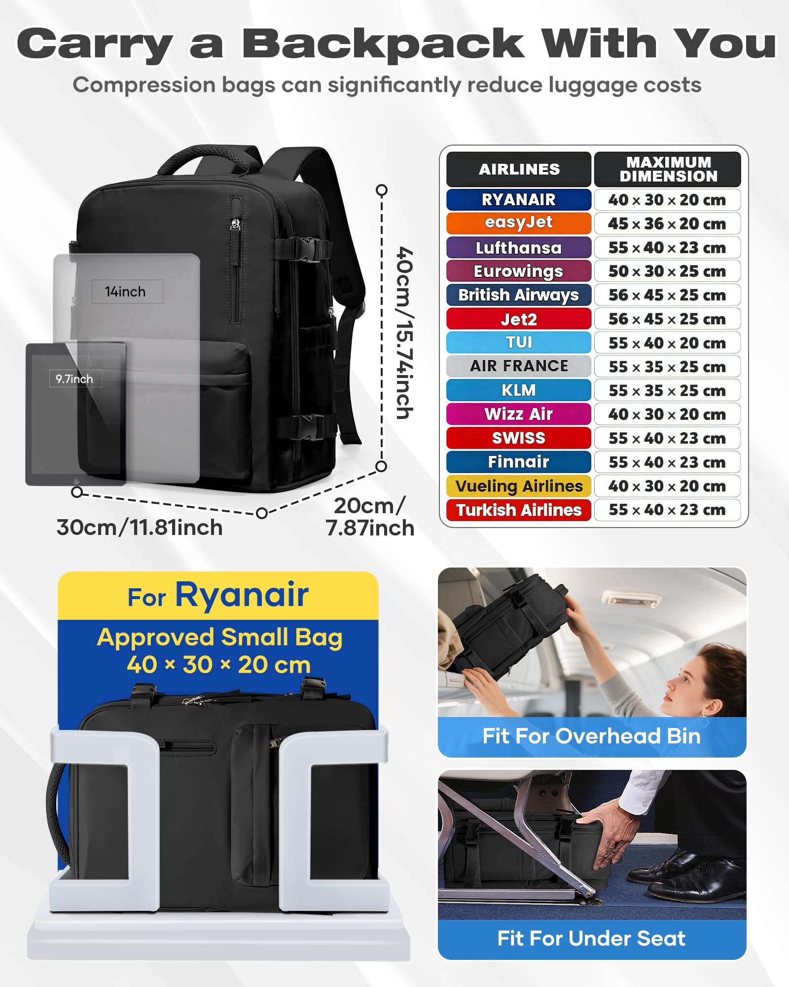 HPLQQ Zaino 40x30x20 per Ryanair Zaino Sottovuoto da Viaggio con Pompa | Aereo Bagaglio a Mano Easyjet Borsa da Cabina per Uomo e Donna Lavoro e Scuola Casual Daypack,T Nero