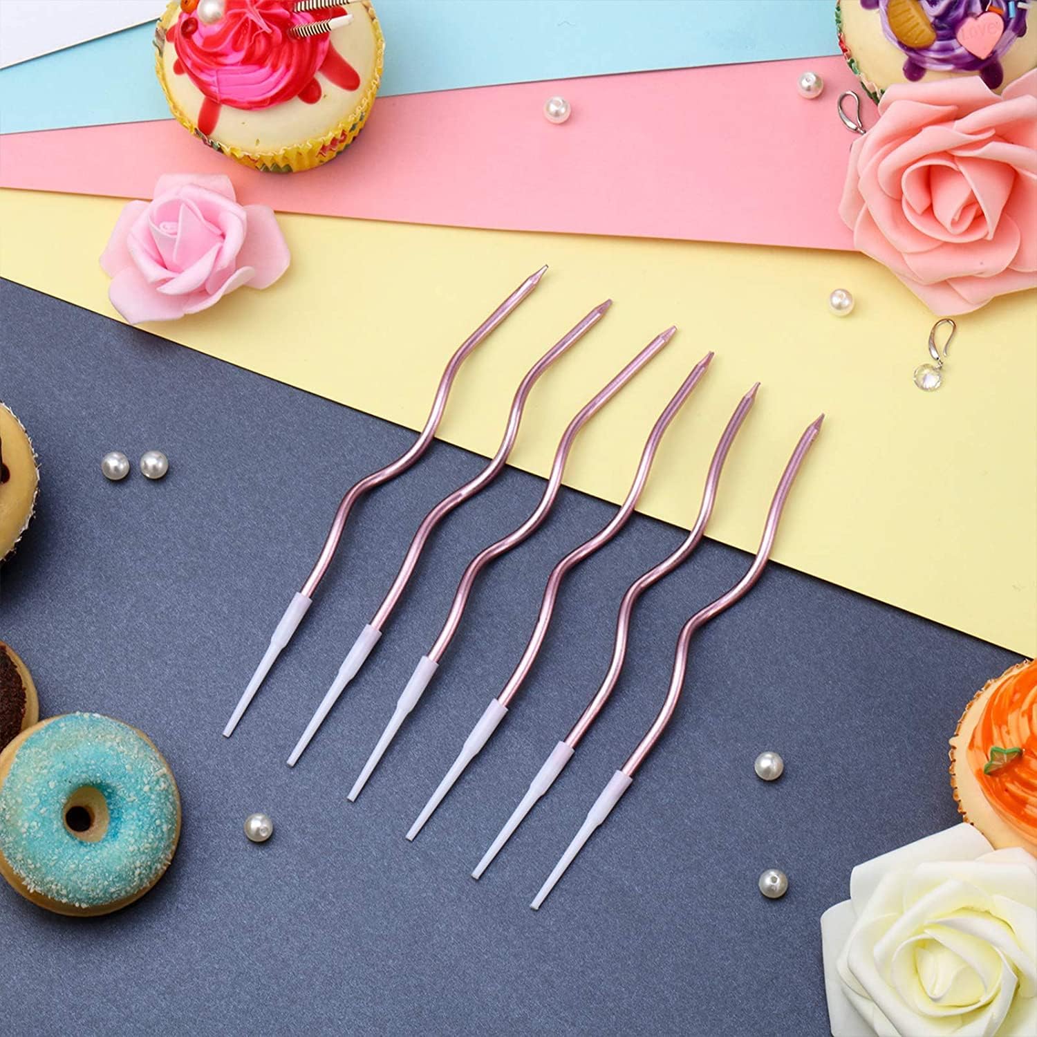 DD Retails 6Pcs Twisty Birthday Candles Set || Metallic Curly Coil Candles Holders || Spiral Candles for Birthday, Baby Shower, Wedding Party & Cake Decoration (Rose Gold) 1