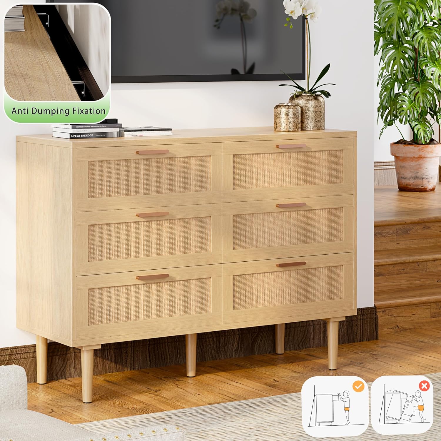 Greenvelly Rattan Dresser, 6 Drawer Double Dressers for Bedroom, Boho Wooden Dressers with Handles for Bedroom, Chest Light Brown Dresser for Bedroom, Closet, Living Room, Hallway and Entryway