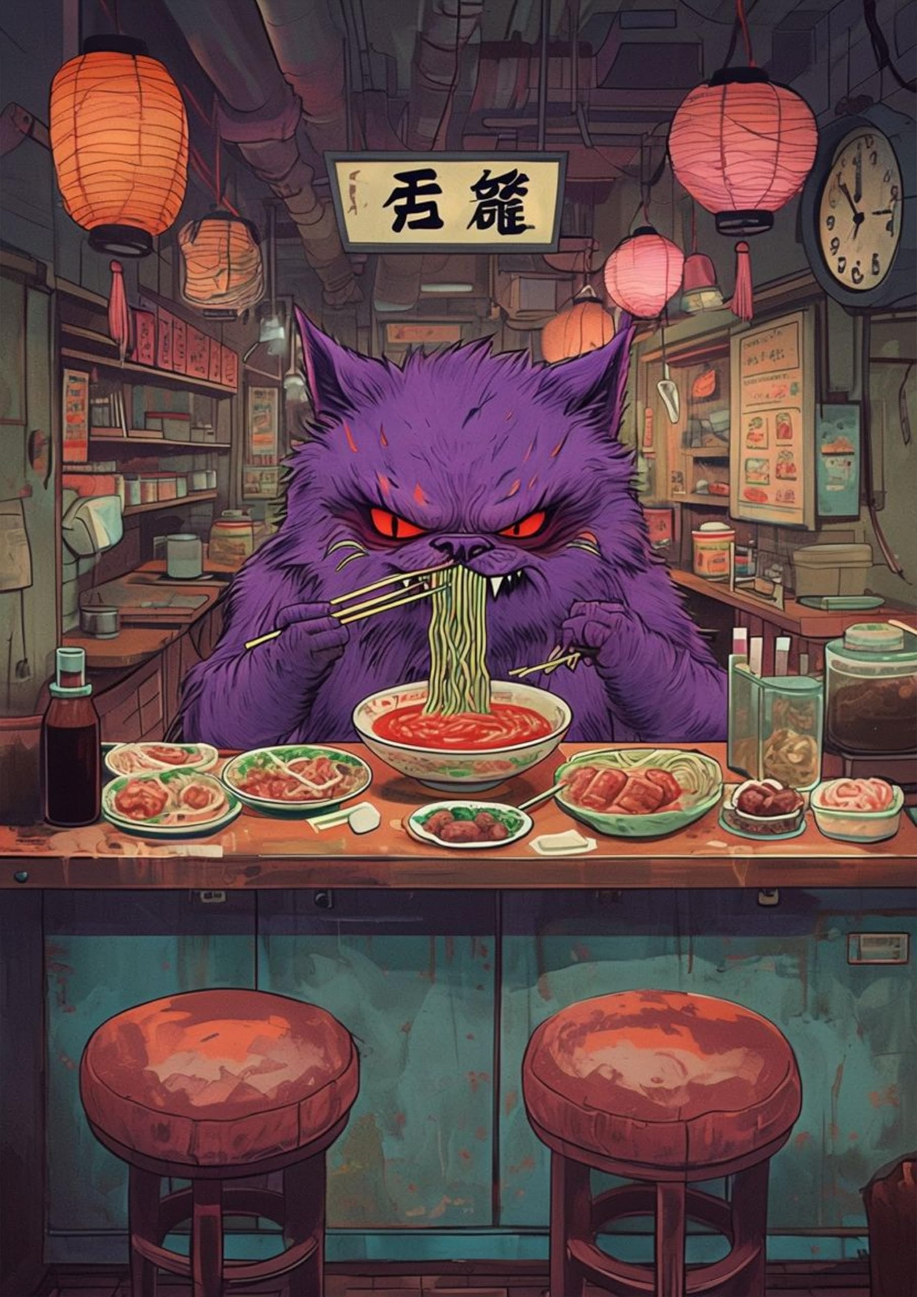 Angry Purple Cat Romen Japan Dish - A4 Wall Art Poster Featuring Cute Cats Perfect for Home or Office Decor Brings Joy and Warmth to Any Room with Feline Fun