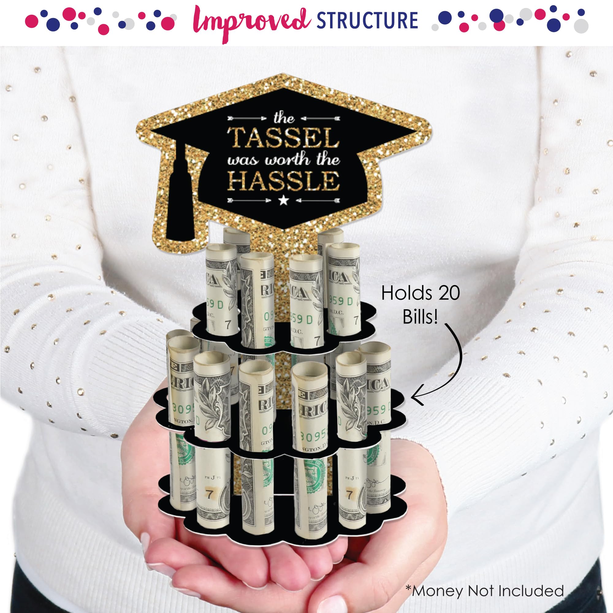 Big Dot of Happiness Graduation Money Gift Holder - DIY Celebration Cash Cake Stand with 20 Bill Slots, Decorative 2-Tier Cap Design, Party Display Centerpiece - Tassel Worth The Hassle