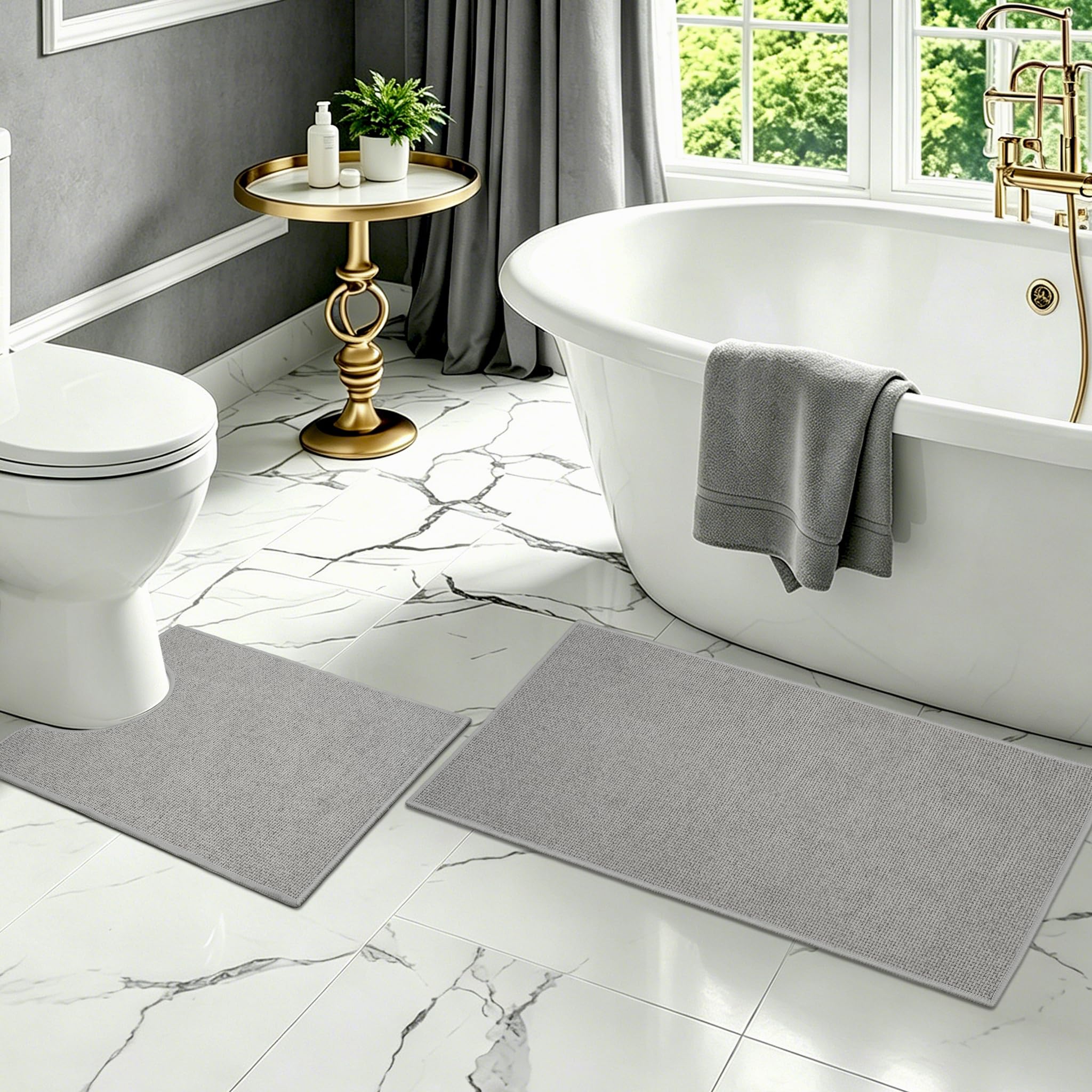 Homcomodar Bath Mat Set 2 Pieces Ultra Thin Bathroom Mat Set Absorbent Quick Dry Bath Mats for Bathroom Washable Non Slip Rubber Bath and Toilet Mats Set for Bathroom Floor Shower Bathtub (Dark Grey