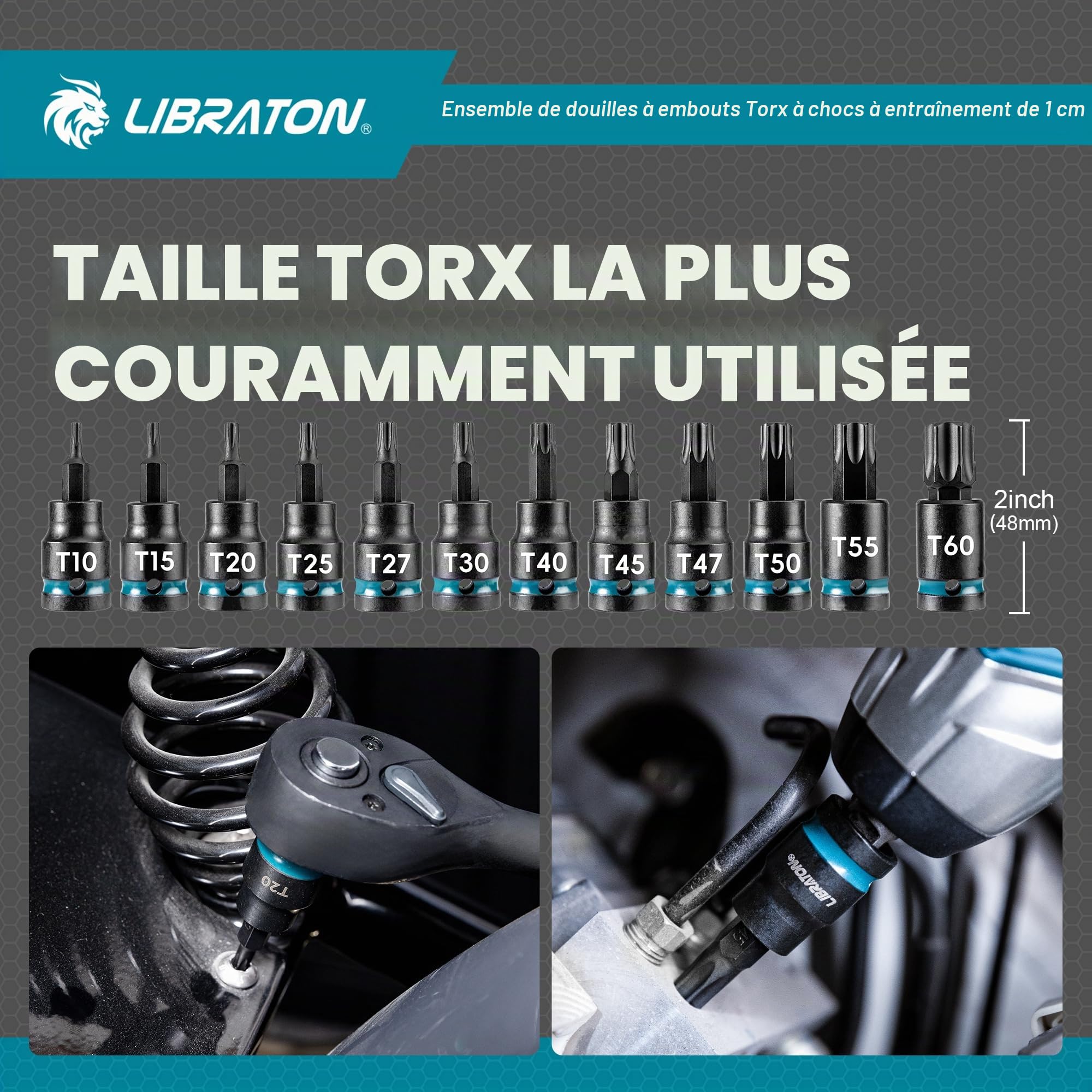 LIBRATON Clé à Douille Embouts Torx Entraînement 3/8" Extra Longue | Douilles à Impact en Acier Allié S2, 24 Pièces Douilles Torx d'embouts, T10-T60, Douille Étoile Long de 2" et 6"