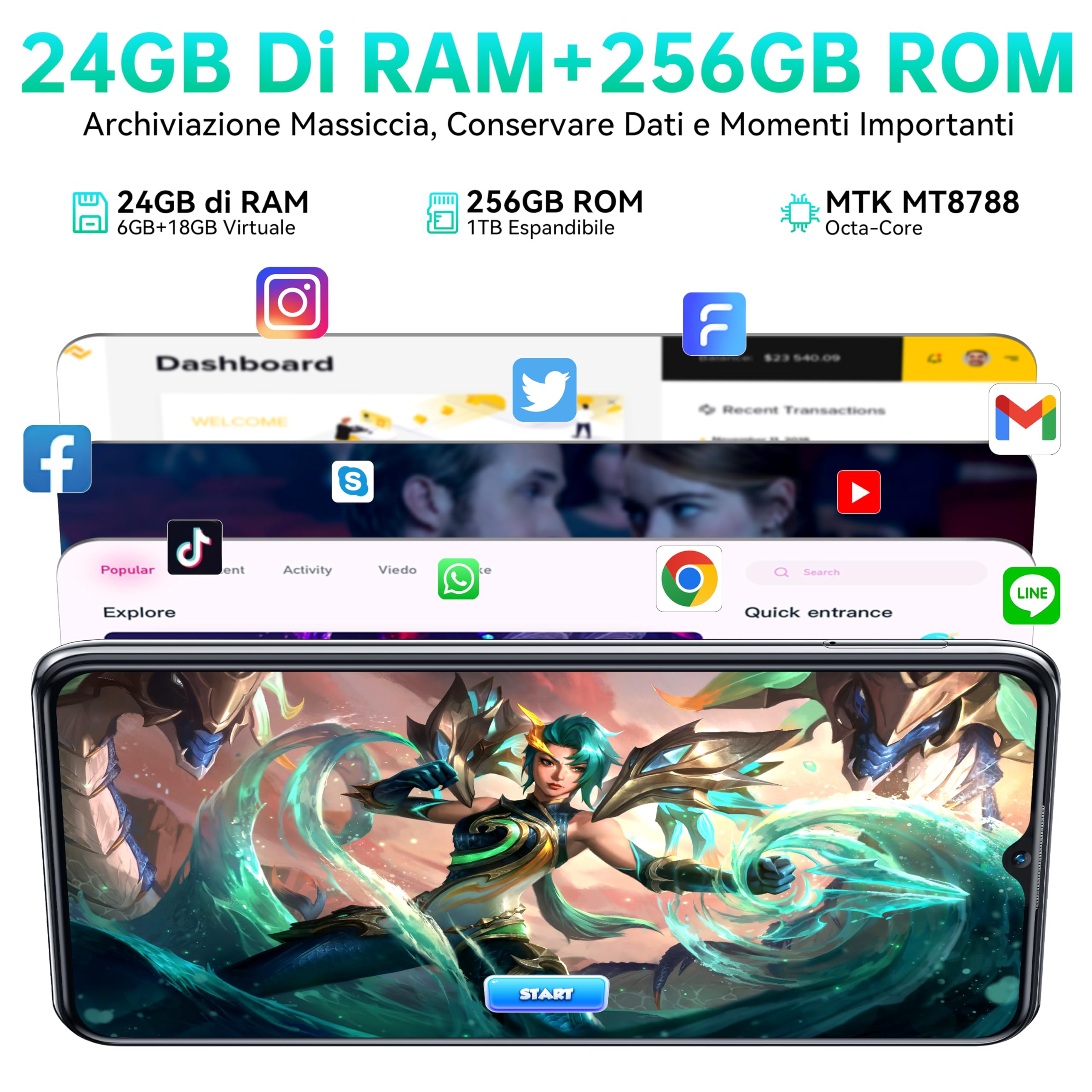 OUKITEL C38 Smartphone - 24GBRAM + 256GB ROM/1TB-TF, 6.6" FHD+ Octa-Core Android 13 Telefono, 5150mAh Batteria 48MP+32MP Smartphone Offerta, 4G Dual SIM Telefono, Fingerprint/OTG/GPS