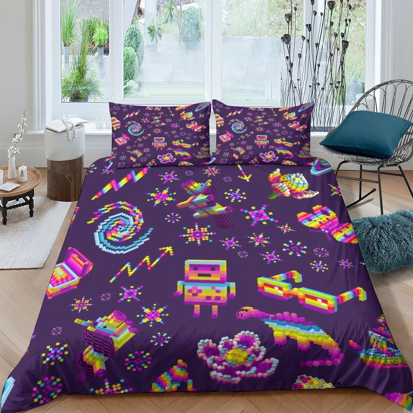 Ctjqhvkz Style-4 3D Printed Neon Cartoon Fitted Sheet Microfiber Soft Breathable Psychedelic Robot Bed Cover For Bedroom Dorm Mattress Decor Single（135X200cm）