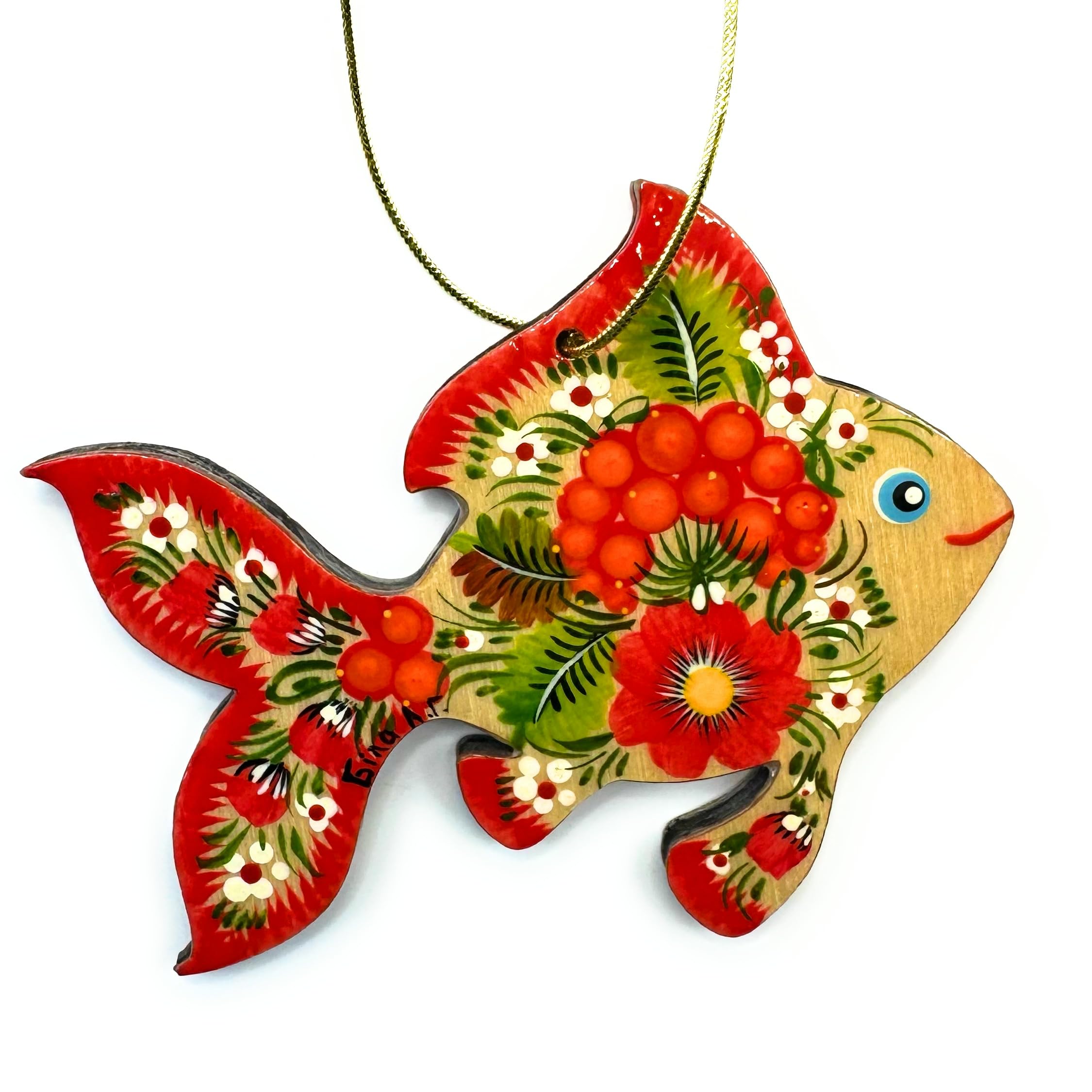 Fish Christmas Ornament Wooden Hand Painted Ukrainian Petrykivka Folk Art Handmade Holiday Decoration Unique Gift 3.5x3.5x0.2 inches โ image 1