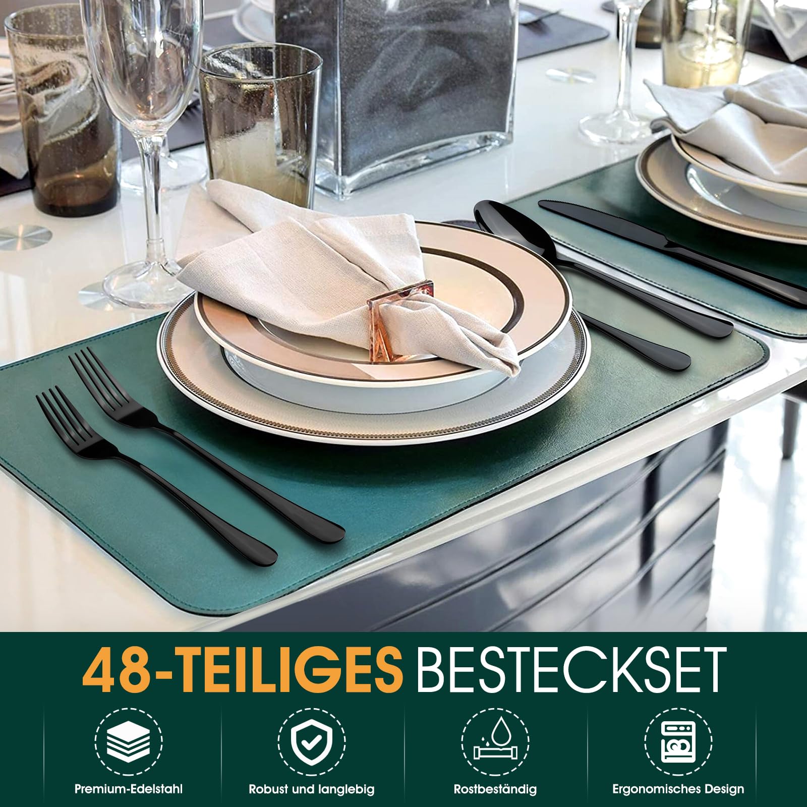 TAN REN Besteck Set Schwarz 8 Personen, 48-teiliges Edelstahl Besteckset mit Steakmesser, Elegantes Essbesteck mit Messer Gabel Löffel, Tafelbesteck für Küche/Restaurant