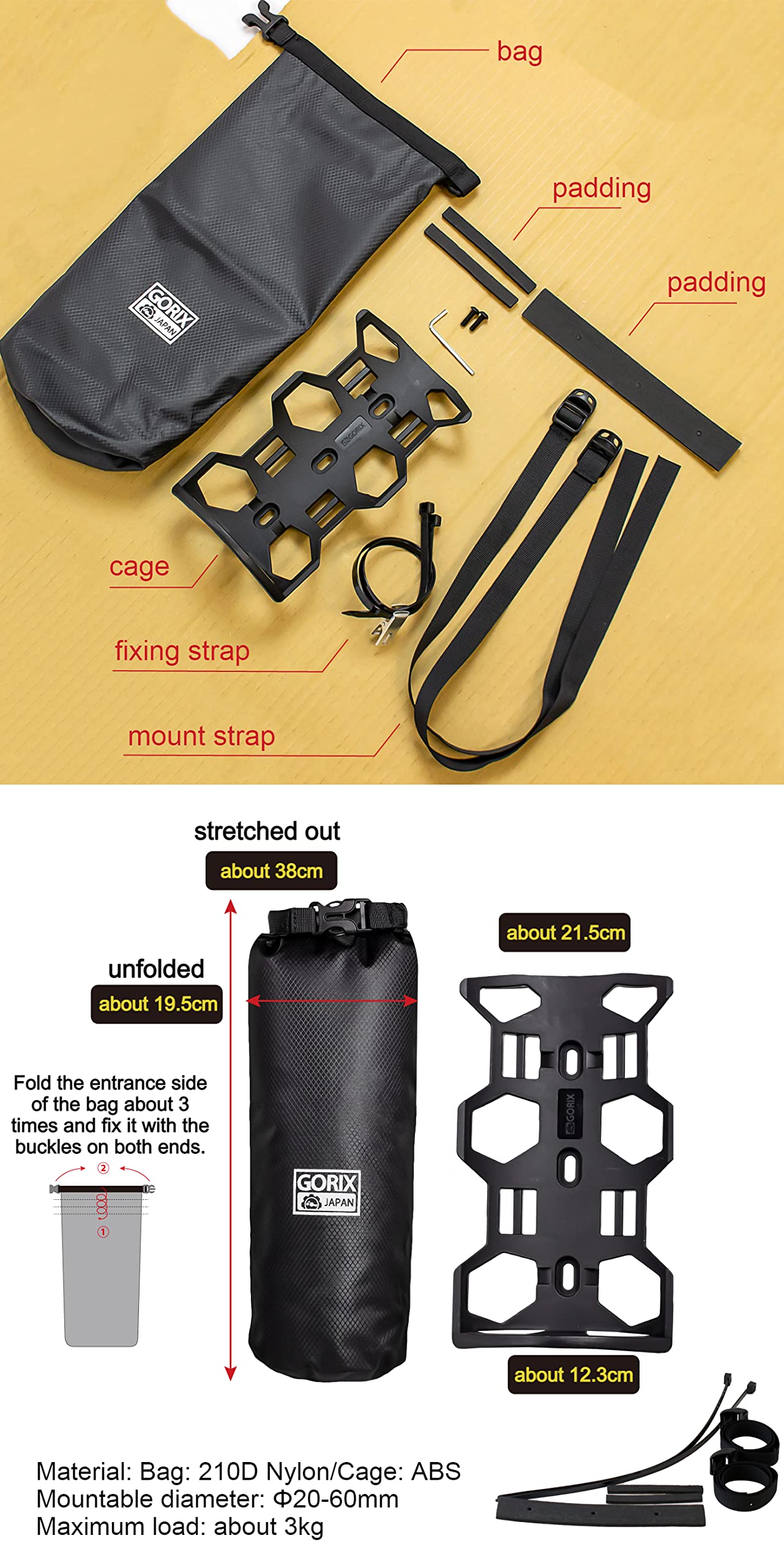 GORIX Bicicleta De múltiples Fines Jaula + Impermeable Bolsa Colocar Portabotellas Tenedor Frontal Grande Jaula (GORICAGE)
