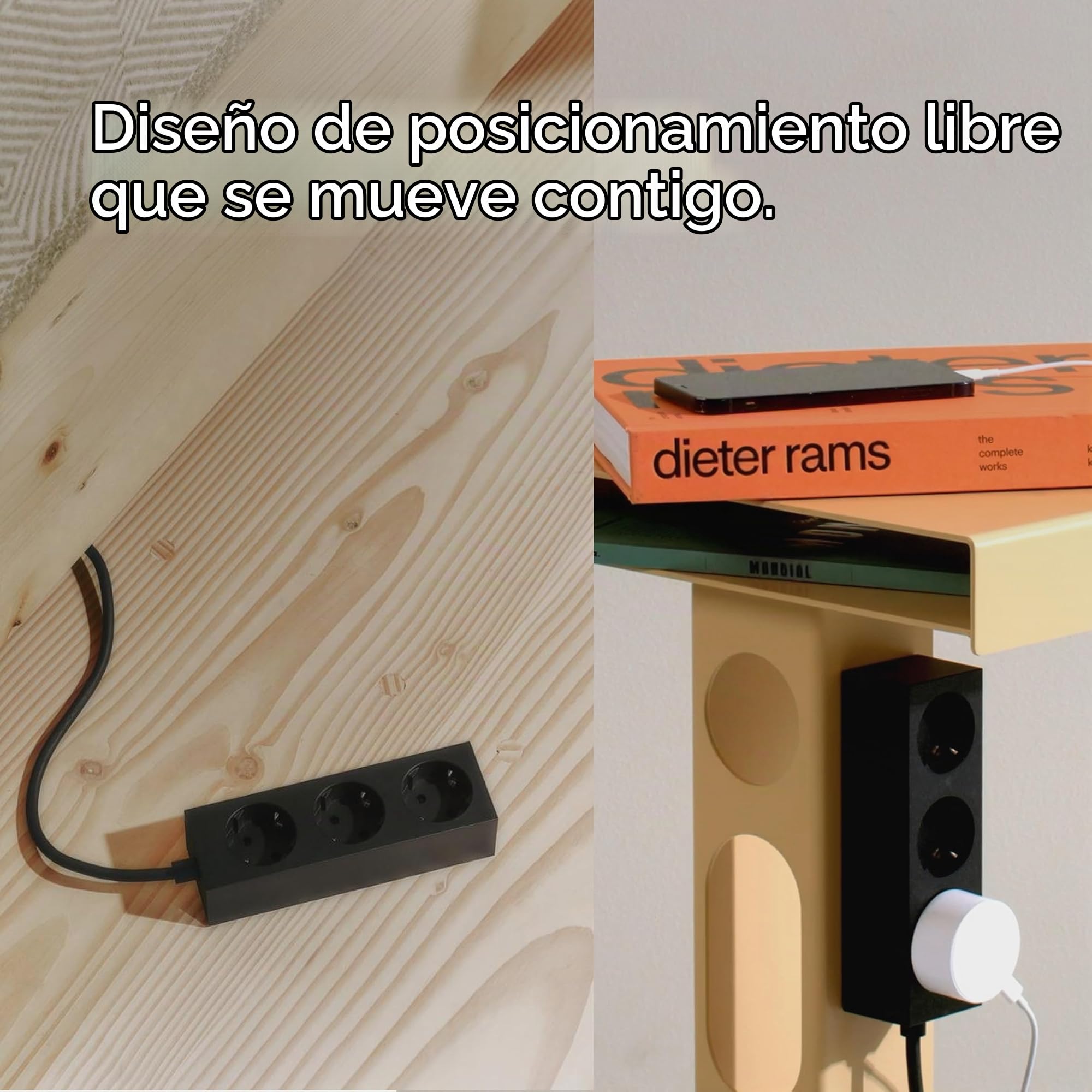 Pedestal Power Bar regleta de enchufes de 2 m con Base magnética (Negra) - práctico y Elegante Enchufe múltiple magnético de 3 vías - Enchufe magnético de 3 vías - regleta de alimentación de 3 vías