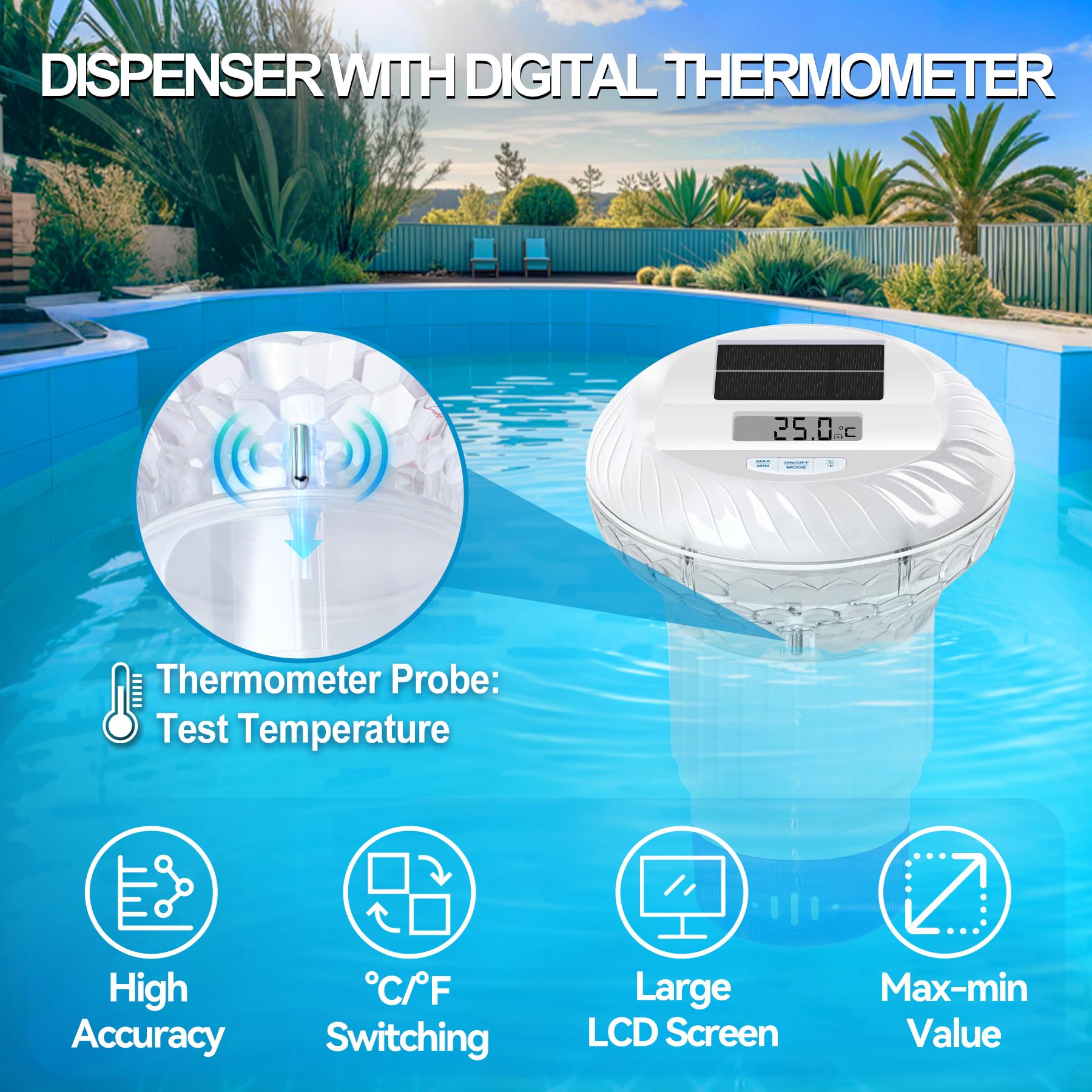 KingSom 2026 Diffuseur Chlore Piscine, Distributeur de Chlore Flottant avec Lumineux Solaire, Contrôle par Bouton Distributeur de Chlore pour Piscine Réglable