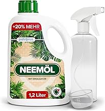 Natürliches Neemöl mit Emulgator 1200 ml – inkl. Sprühflasche & Messbecher – Ergibt 120 L sprühfertiges Neem-Öl Spray – Niemöl zur natürlichen Pflanzenpflege für drinnen & draußen