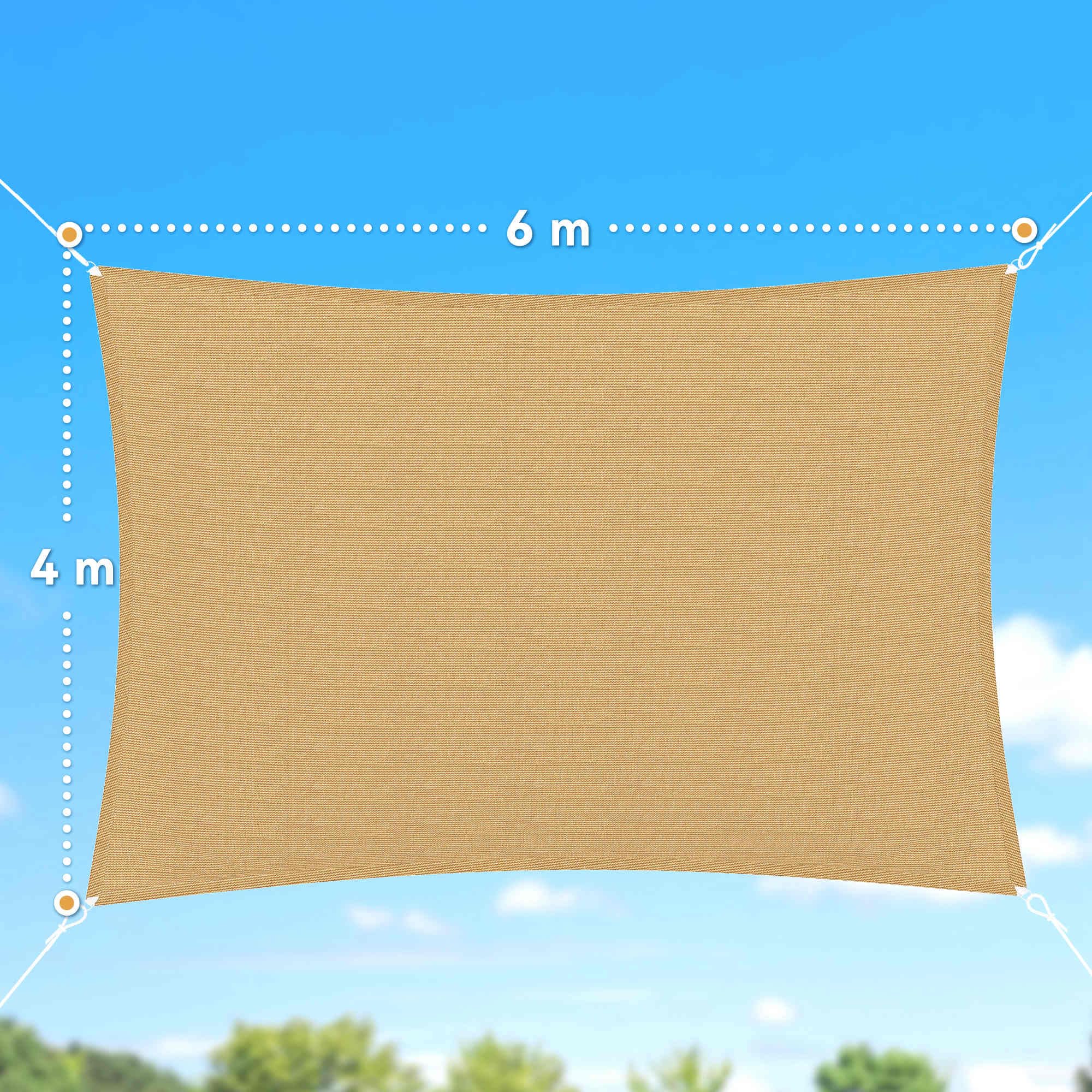 Outsunny Toldo Vela de Sombra Rectangular 4x6 m Toldo de Terraza de HDPE con Anti-UV Anillo de Acero Inoxidable y Cuerdas de Nylon para Jardín Patio Arena