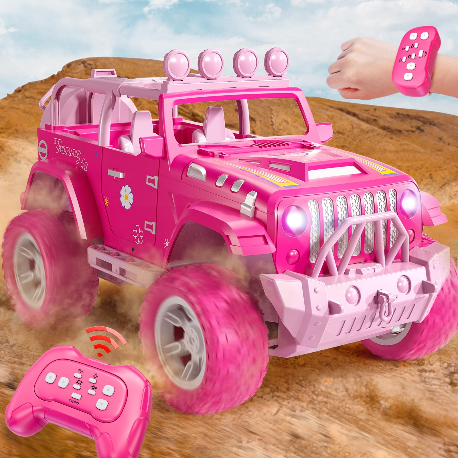 JUKUDAHU Pink Remote Control Car for Girls 4-7 2 4GHz Off-Road RC Jeep with Spray Climbing Toy for