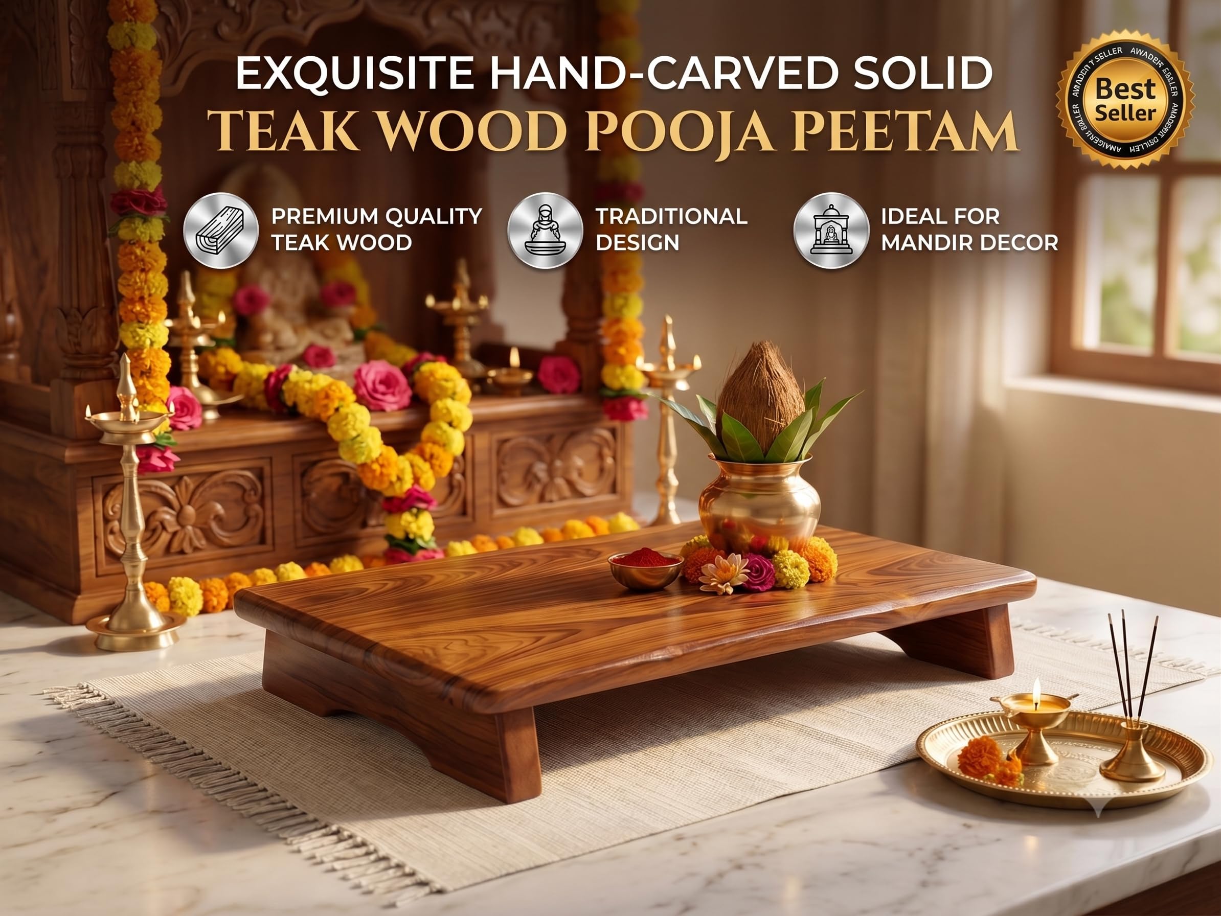 Teak Wood Pooja Asana - Traditional Indian Chowki -3