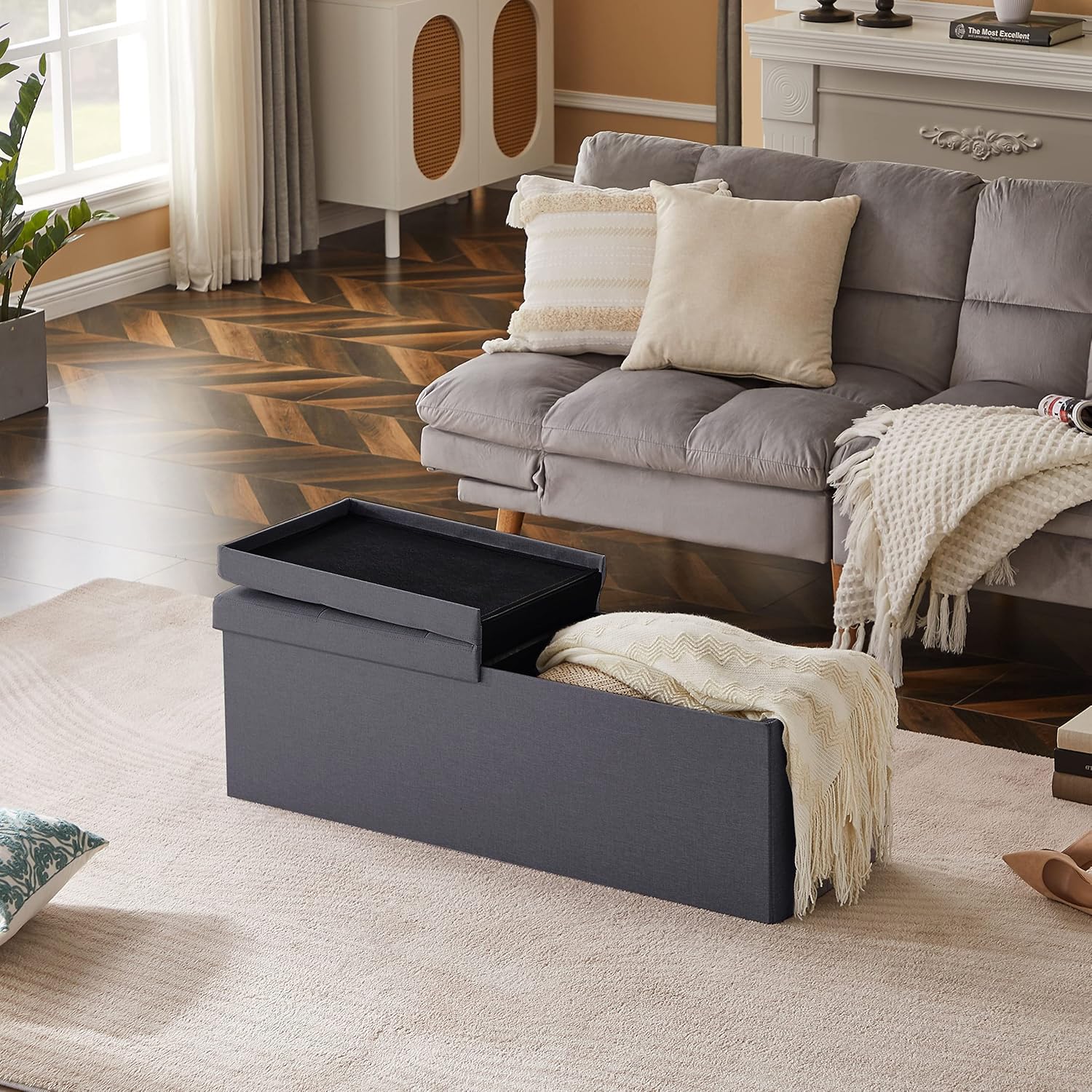 Zedelmaier Sitzbank mit Stauraum, Sitzhocker Faltbar Sitztruhe belastbar bis 300 kg, Deckel klappbar, klappbare Sitztruhe für Wohnzimmer, Flur, Schlafzimmer, 114x38x38 cm, Dunkelgrau