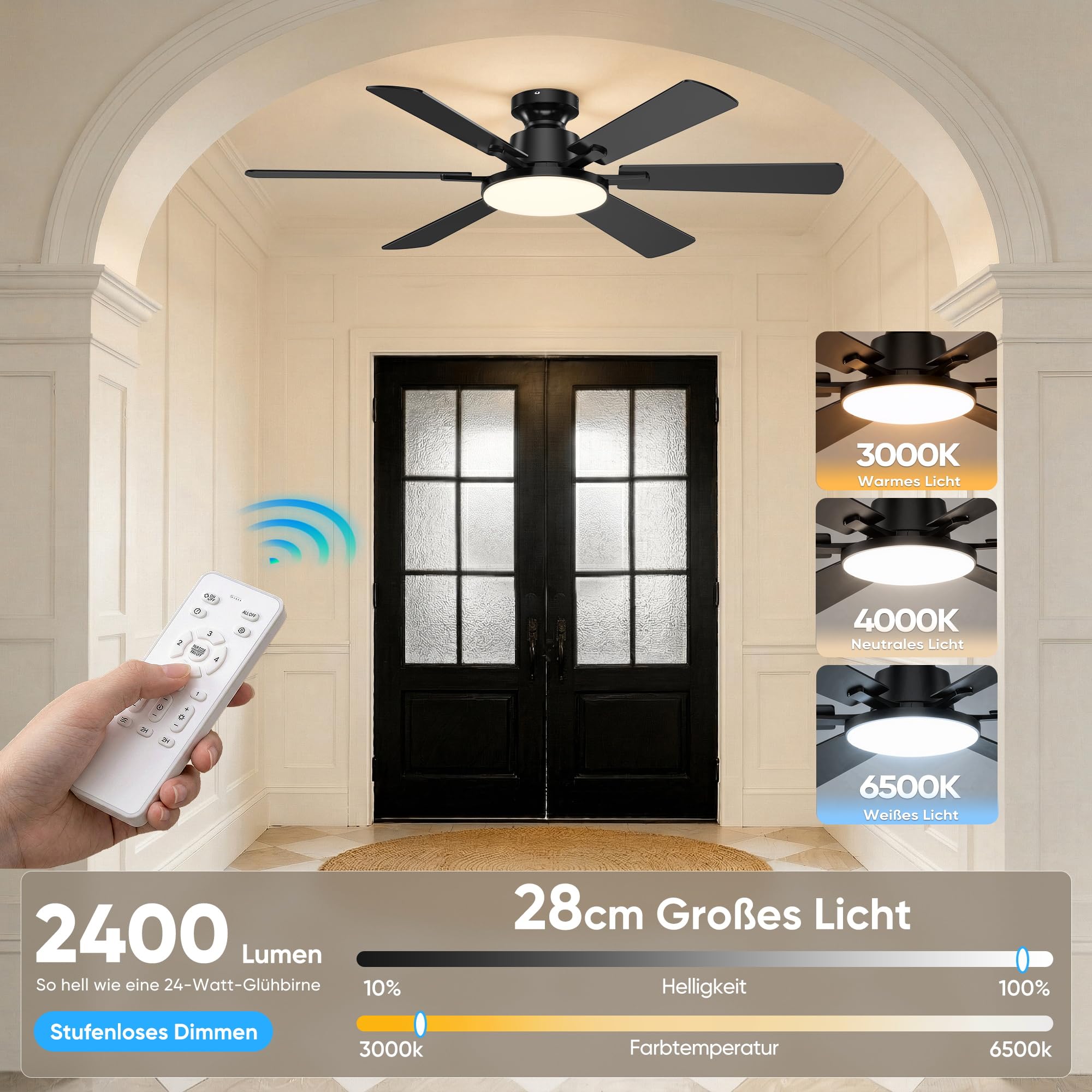 ROTTOGOON Deckenventilator mit Beleuchtung 132cm Leise Reversible DC Motor | Deckenventilator mit licht und fernbedienung, 6 Flügel 6 Gänge, 3CCT, Doppelseitige Flügel für Schlafzimmer Wohnzimmer