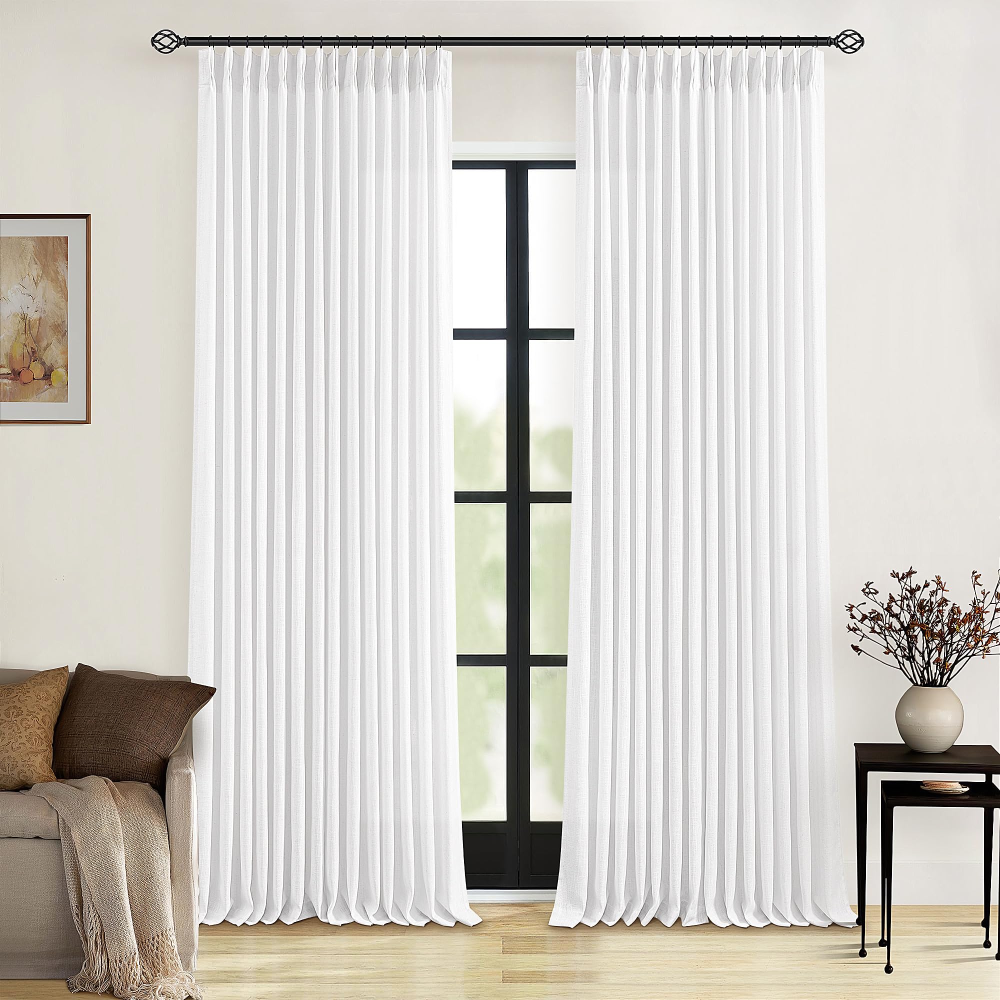 Photo 1 of Pleated Linen Curtains 86 Inches Long for Living Room Pinch Pleat Hooks for Track System Back Tab Custom Made Memory Shape Drape Light Filtering Snow White Living Room Bedroom Window Curtain 86 Inch