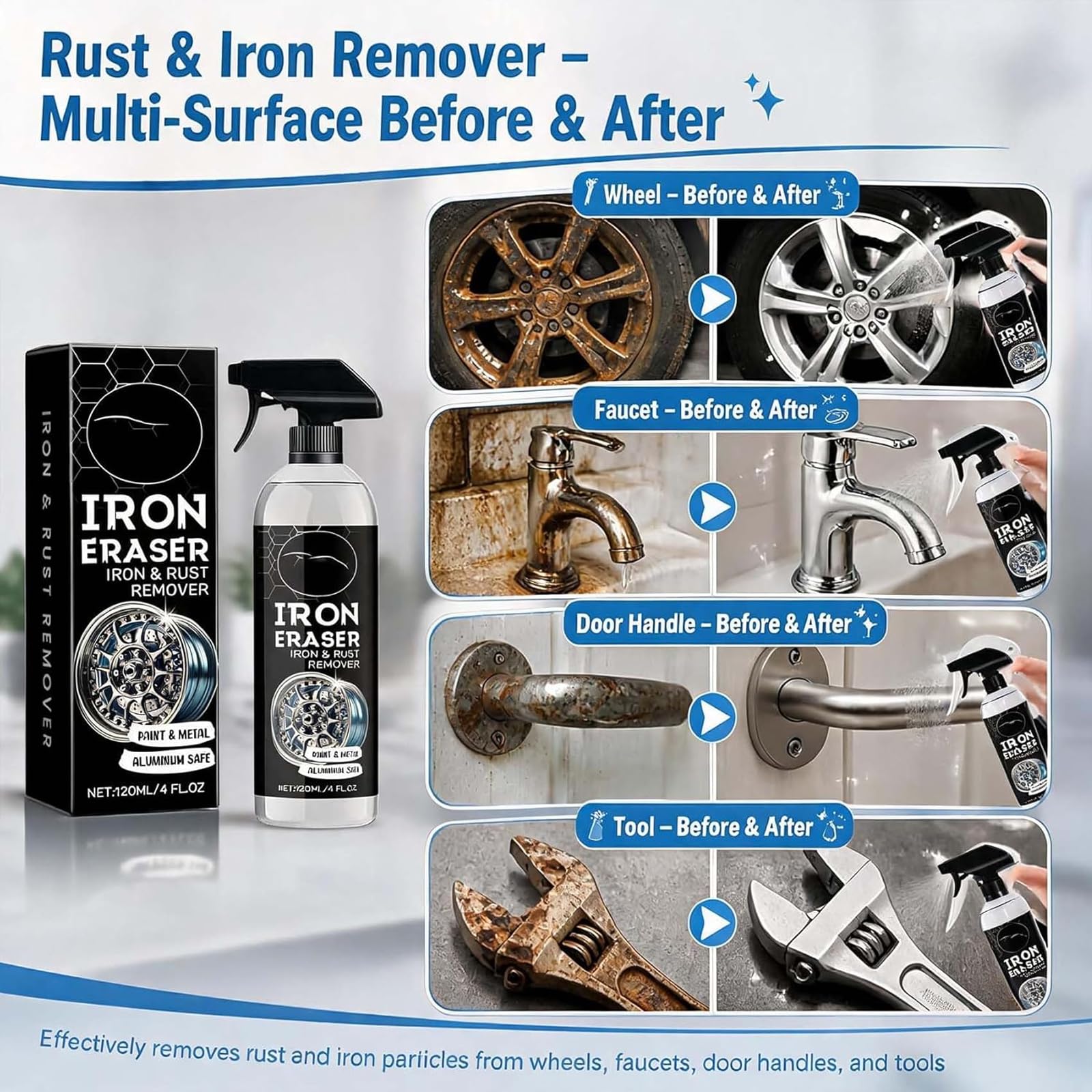 Gomma per ferro da stiro per auto - Spray rimuovi ruggine per ruote e vernice, pulizia delle superfici automobilistiche - Rimuovi ruggine e polvere dei freni ad azione rapida (3Pcs)