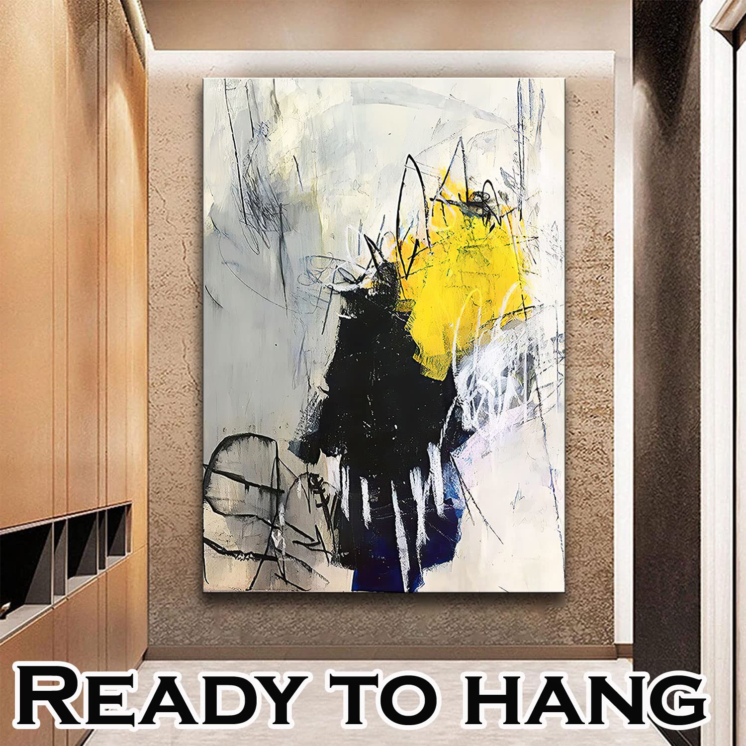 Large Framed Abstract Black Grey Yellow Canvas Wall Art Contemporary Graffiti Decor Picture Industrial Style Prints Painting Decor for Bar Living Room Office Hallway Ready to Hang