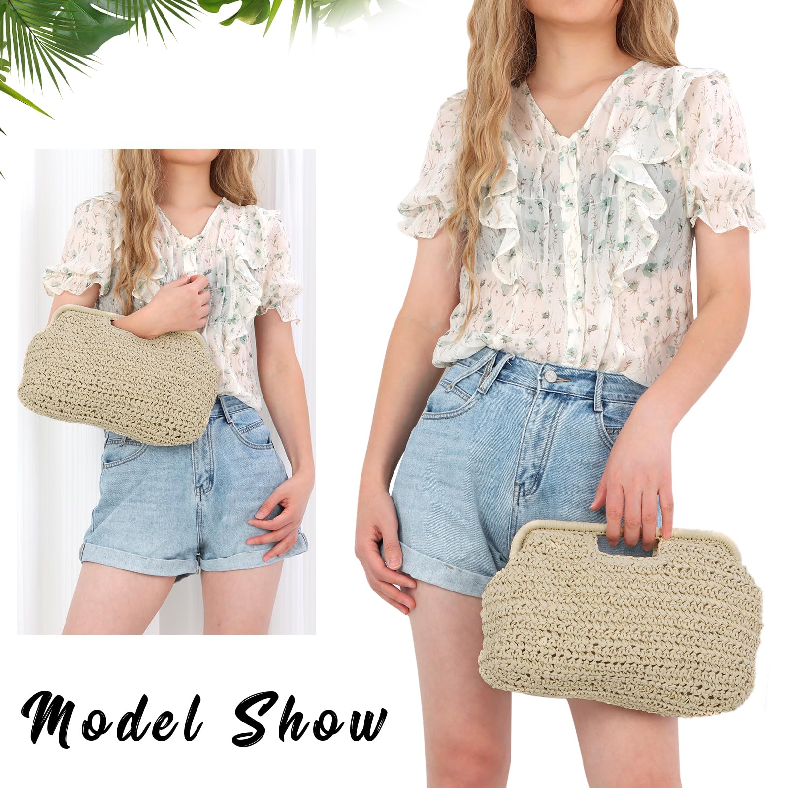 EVEOUT Pochette in Paglia per Donna Estiva Boho Clutch Rafia per Lavoro Matrimonio Festa Borsa Intrecciata con Manico per Spiaggia Mare