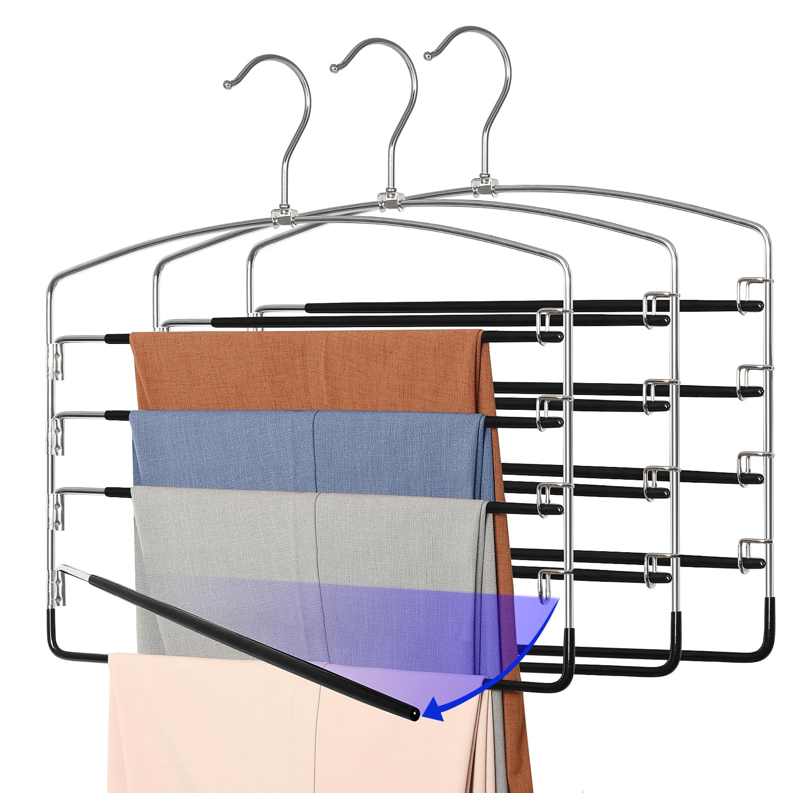 TOPIA HANGER Pant Hangers 3 Pack Hanger Space Saving Non Slip 5 Tier Swing Arm Pants Space Saving Hanger Closet Organizer for Pants Trouser Jeans Tie Slack Clothes-CT49B