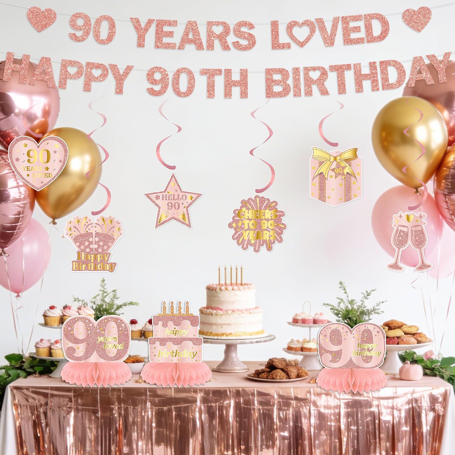 90th Birthday Party Decorations for Women - Rose Gold 90 Years Loved Happy 90th Birthday Party Supplies, Glitter 90 Years Old Decoration with Banner Hanging Swirls Honeycomb Centerpieces