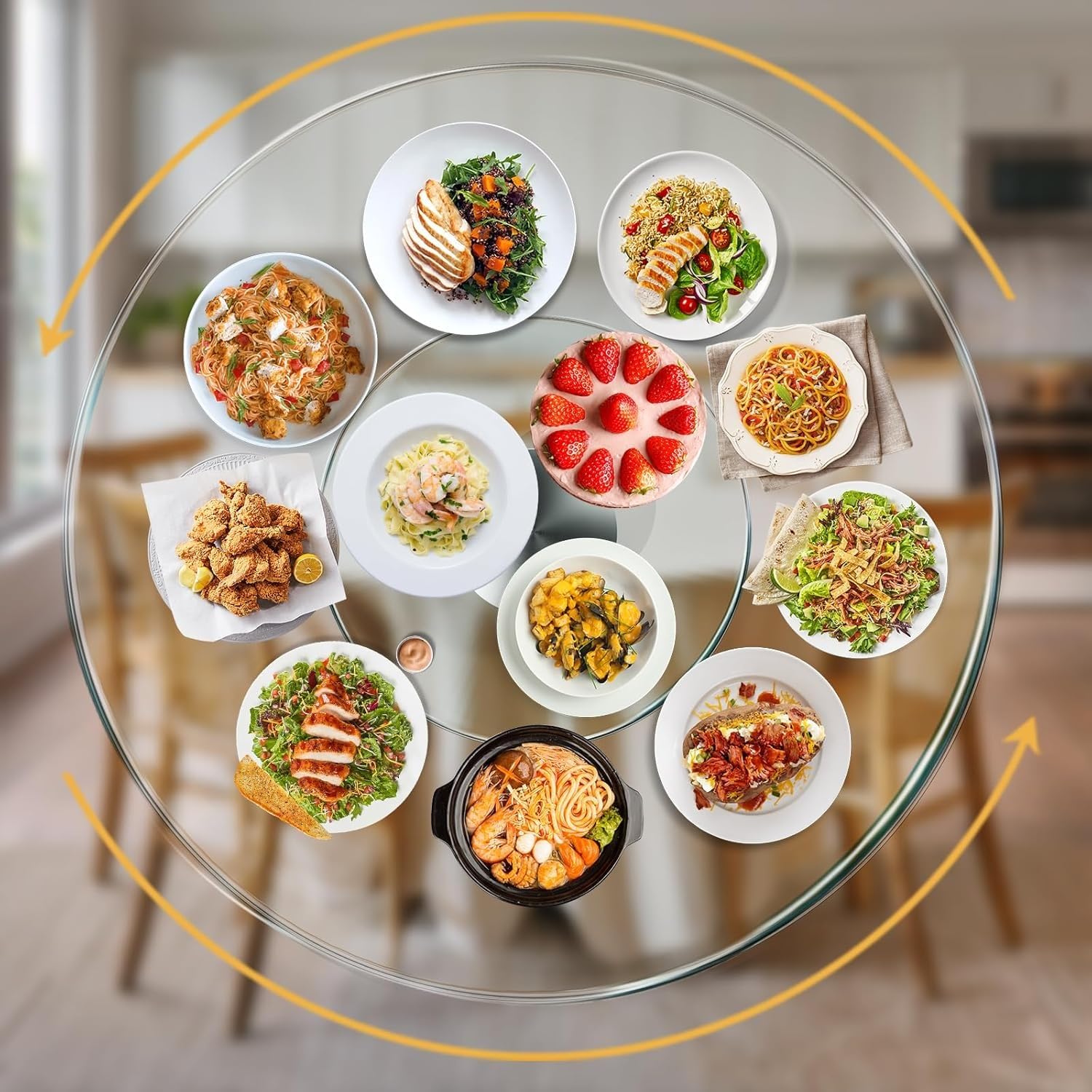 Plateau tournant en verre pour tables de cuisine et de salle à manger, grand plateau de service rond rotatif avec base antidérapante, idéal pour l'affichage et accès facile aux plats