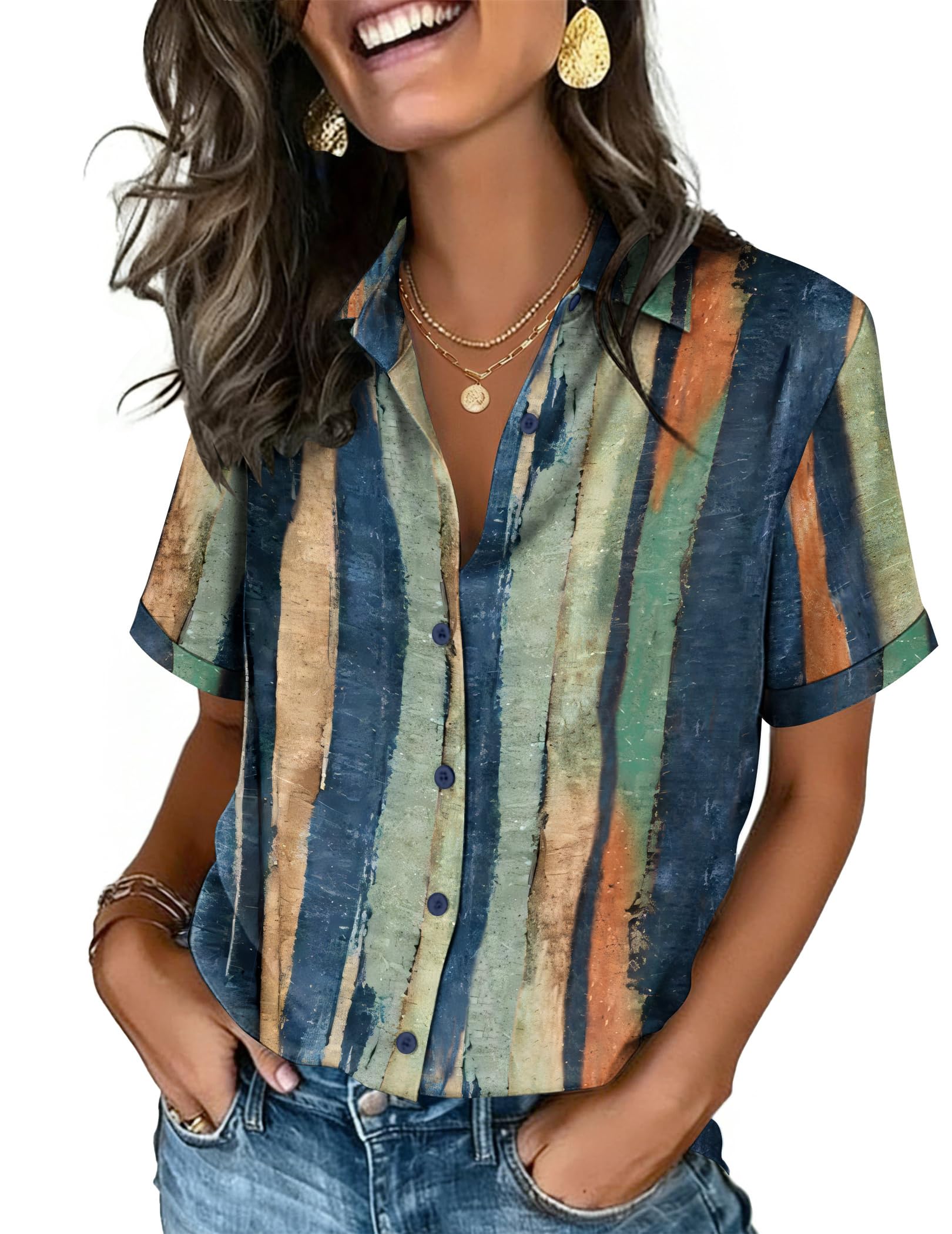 Zeagoo Button Down Shirts for Women Short Sleeve Collared Tops Dressy Casual V Neck Blouses