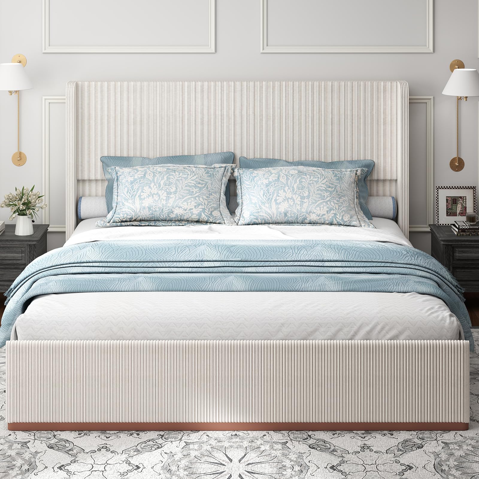 queen size upholstered bed frame, soft corduroy platform bed with 47" luxury wingback headboard, solid steel slats support, no box spring needed, noise free, easy assembly, cream